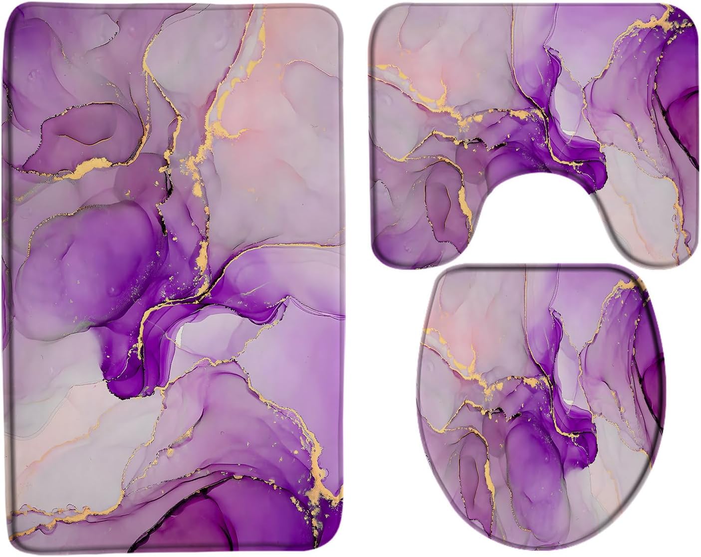 3 Piece Purple Pink Marble Bath Mat Set Modern Abstract Purple Pink Marble Texture Gold Stripes Elegant Luxury Bathroom Rug Sets,16"x24"Bath Mat,Toilet Seat Cover,U-Shaped Toilet Rug