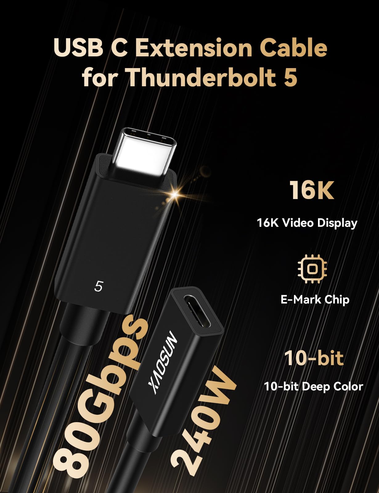 XAOSUN Cavo di prolunga USB C da 80 Gbps per Thunderbolt 5 da 6 m, ricarica da 240 W e display 16K/8K, cavo di prolunga di tipo C da maschio a femmina, compatibile con Thunderbolt 4 3, hub USBC