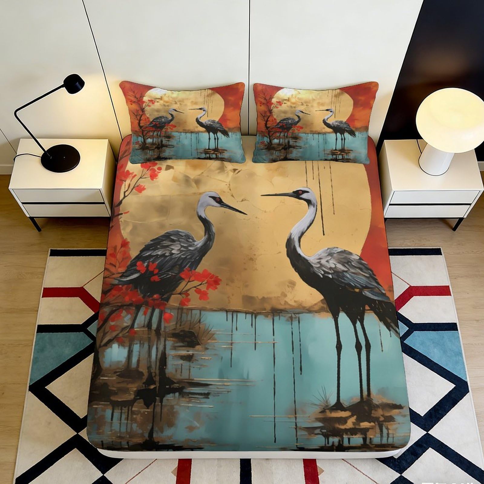 Pnayamiorkfel Style-7 3D Printed Crane Sunset Fitted Sheet Microfiber Soft Breathable Lake Reflection Mattress Cover Bedroom Decor 90X200x25cm