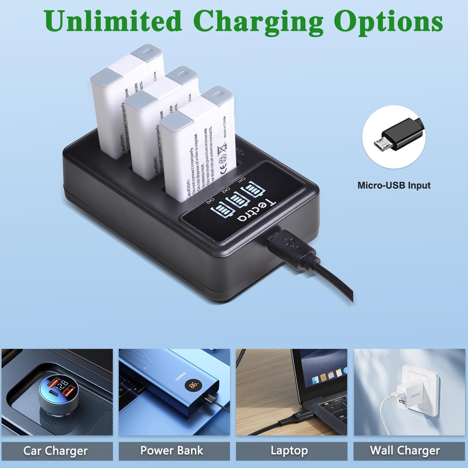 Tectra 2 Pack NB-13L Battery and 3-Slots LED Charger for Canon PowerShot G7 X Mark II/III, G7X, G9X, G9 X Mark II, G1 X Mark III, G5 X, G5X Mark II, SX620 HS, SX720 HS, SX730 HS, SX740 HS - Image 4