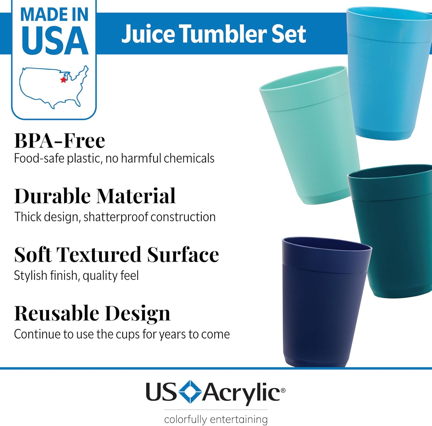 US Acrylic Newport 10 ounce Unbreakable Plastic Stackable Juice Tumblers in Coastal Colors | Set of 12 Drinking Cups | Reusable, BPA-free, Made in the USA, Top-rack Dishwasher and Microwave Safe - Image 2