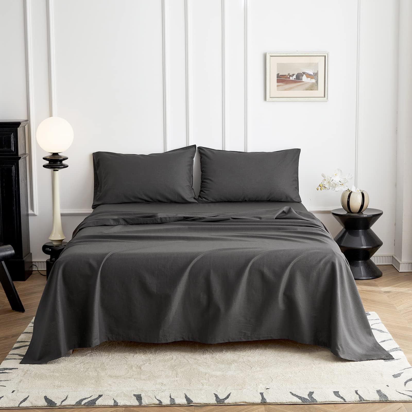 Simple&Opulence Flat Sheet Linen Cotton Blend Bed Bedding Super Soft Easy Care Bedsheet(Double 228 x 255 cm, Dark Grey)