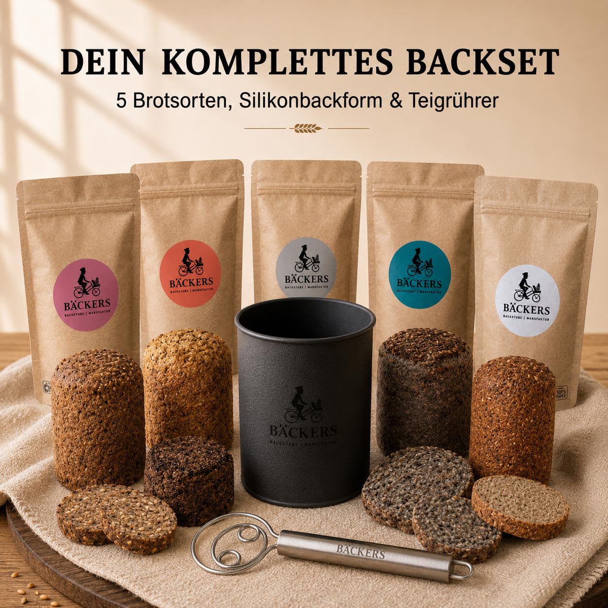 BÄCKERS Brotback-Starterset, 5 Brotbackmischungen mit einzigartiger Silikon-Backform (Made in Germany) & Dänischem Teigrührer | Einfach leckeres Brot backen I ohne Zusatzstoffe & immer frisch