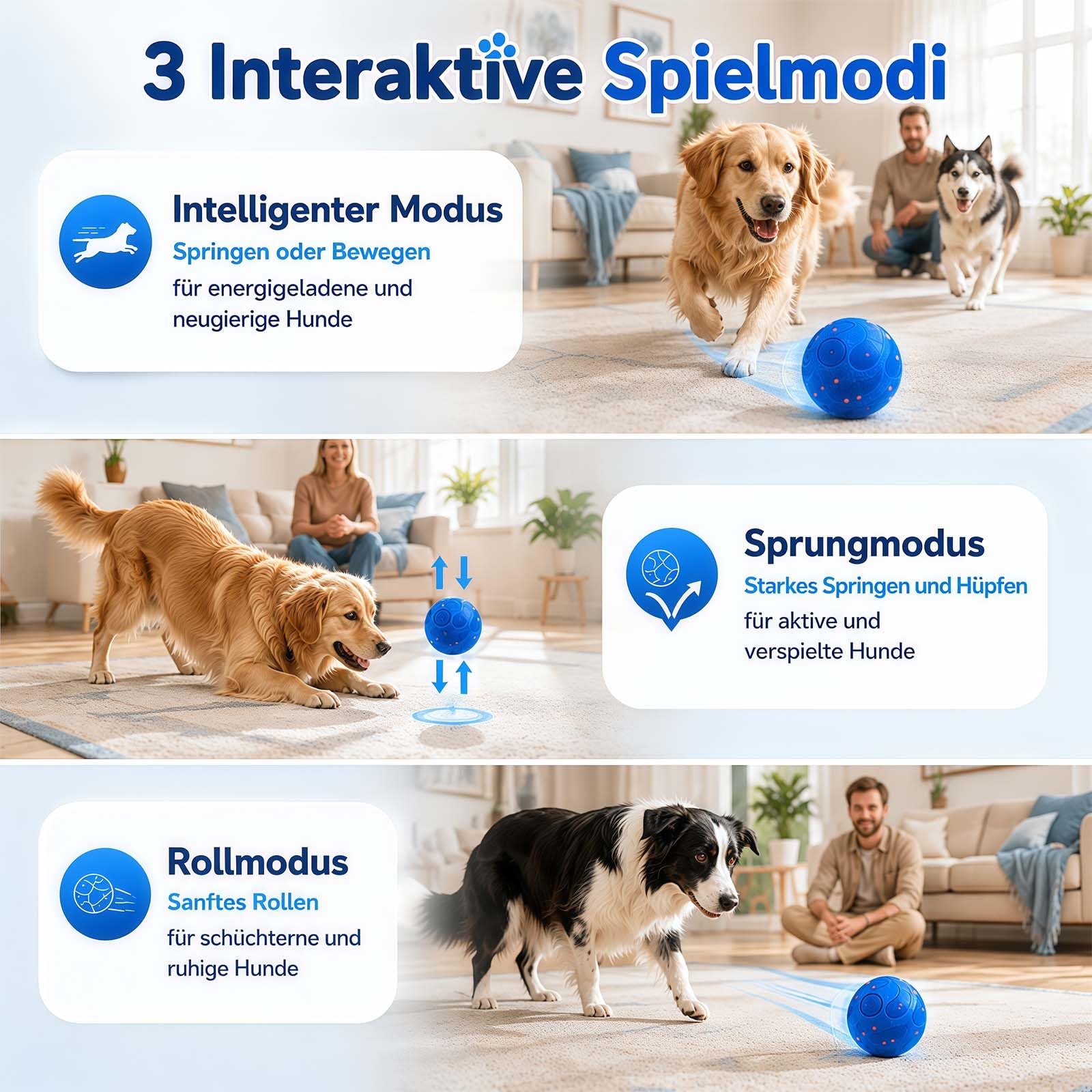 Interaktives Hundespielzeug Hundeball, Intelligenter Selbstbewegender Spielball für Hunde, Wiederaufladbar, Robuster & Beißfester Hundeball, 3 Modi, Perfekte Geschenkidee für aktive Hunde