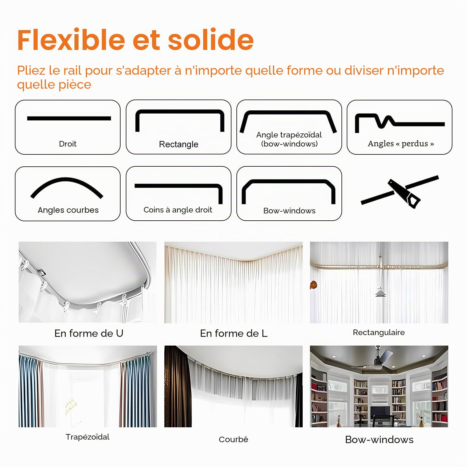 Rideaux de séparation de pièce avec rails flexibles pour montage au plafond, rideaux d’intimité occultants pour salon, chambre à coucher, 254 x 233 cm (l x H), rideau beige et rail noir