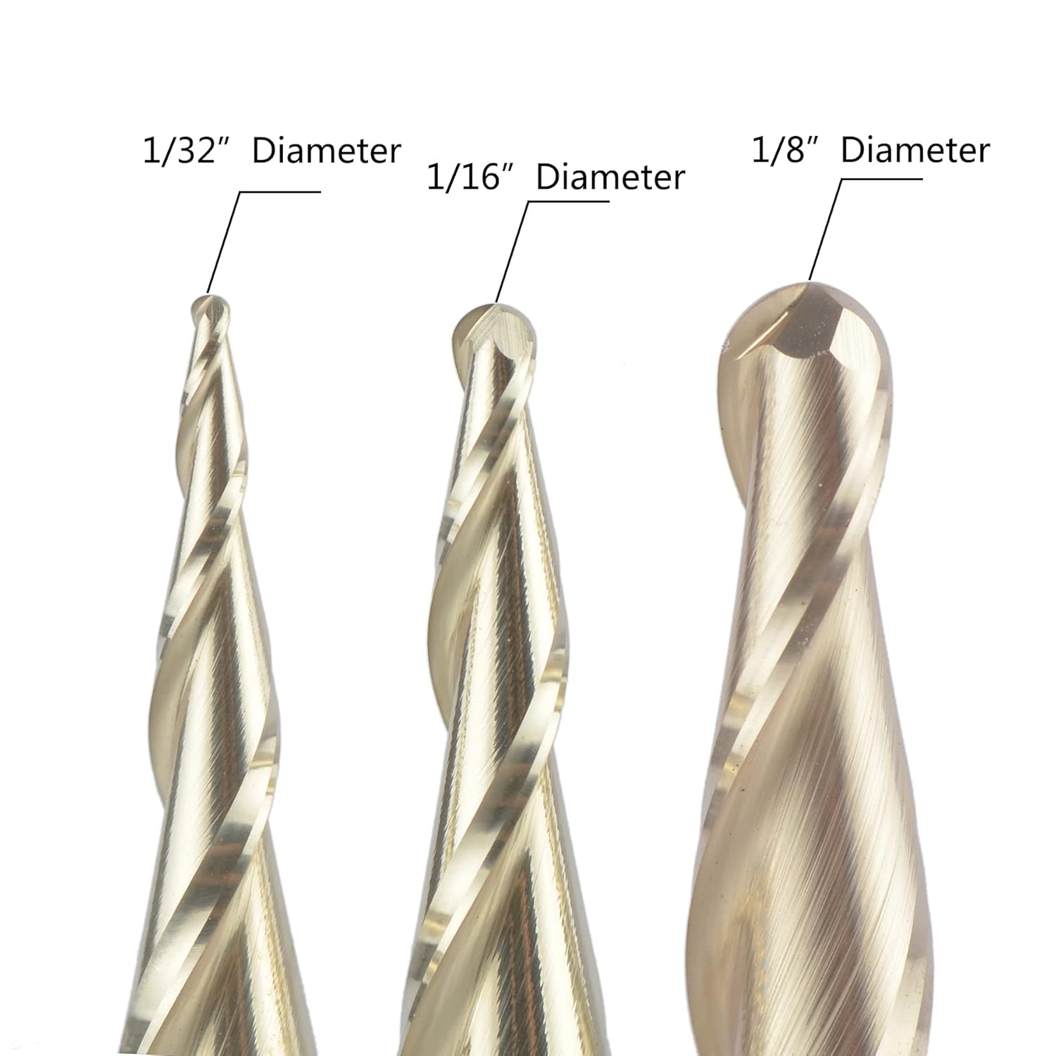 SpeTool 3Pcs Carbide Ball Nose Router Bit CNC End Mill 1/16 1/32 1/64 Cutting Radius for Wood 3D Carving Engraving MDF Oak