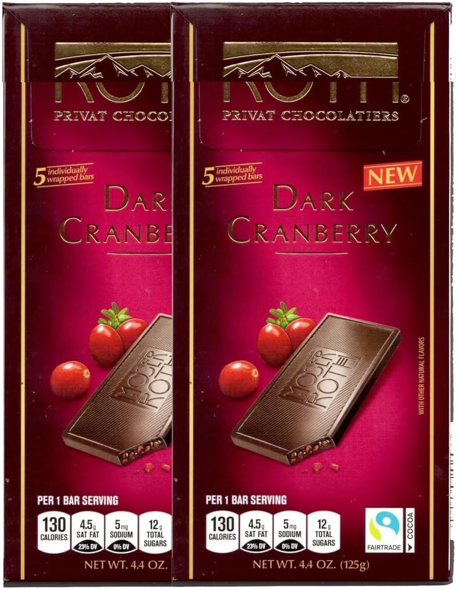 Roth Moser Cranberry German European Cacao Bar, Indivually Wrapped Dark Chocolate Squares, Low Carb Snack Snacking Keto Friendly Desert Food Sweets 2 Pack