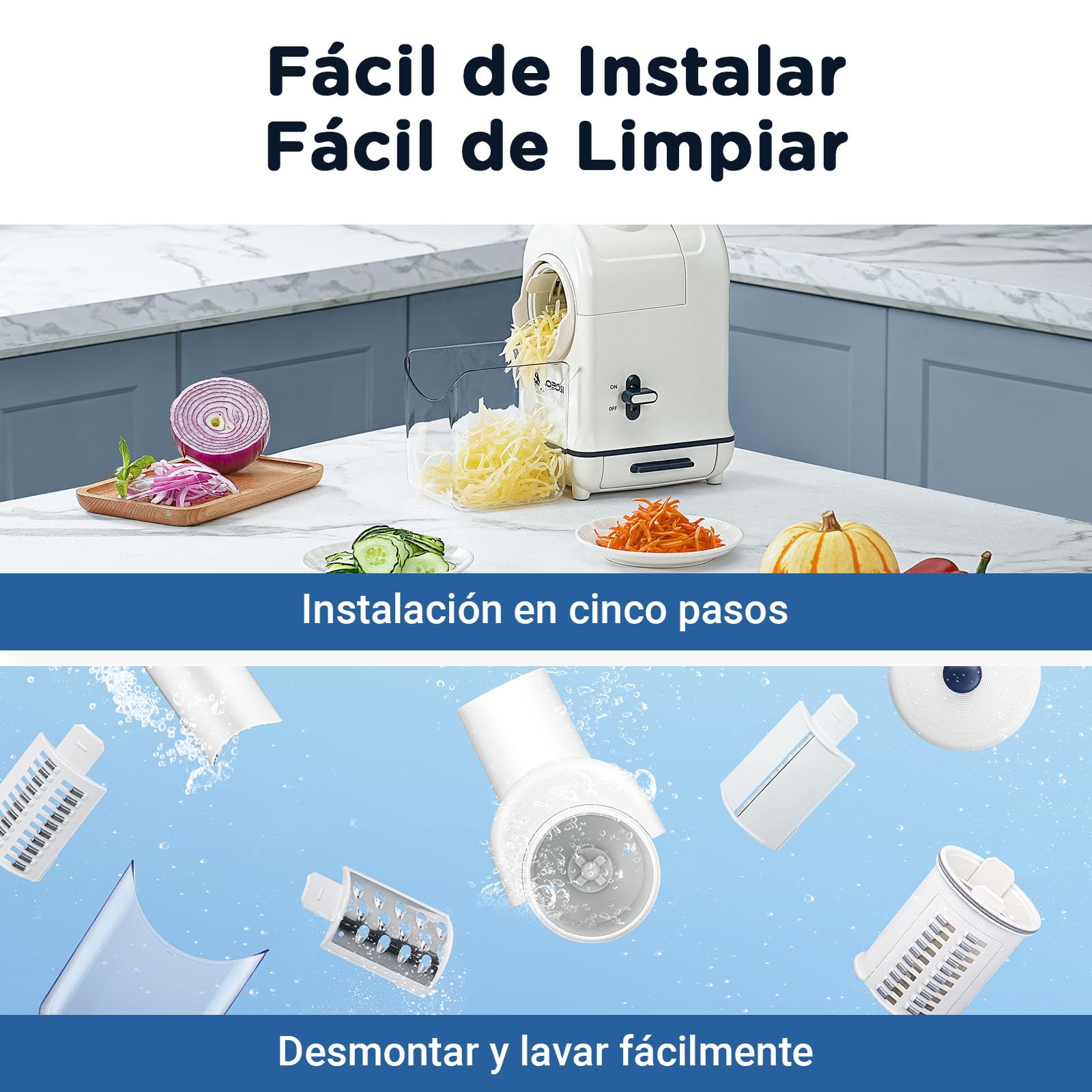 Rallador electrico, AOBOSI Cortador Verduras Electrico con Gran Tolva para Zanahorias Enteras,Patatas, 3 Cuchillas y Motor Silencioso, caja de almacenamiento-Actualizar