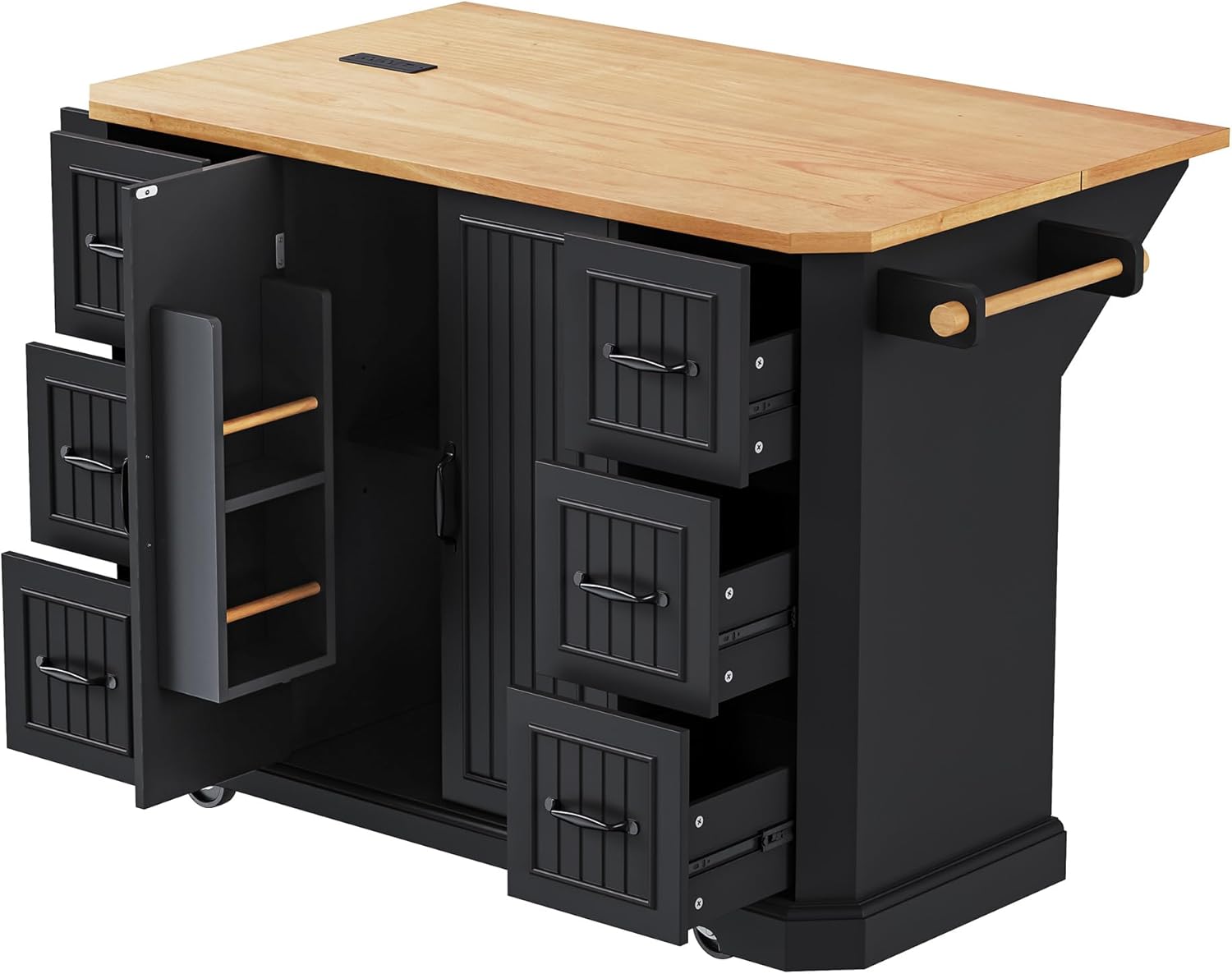 Black 56-inch movable kitchen island,storage cabinet,rubberwood veneer fallen leaves,power socket,4 door racks,4 embossed vertical striped rolling kitchen carts on wheels,6 deep drawers