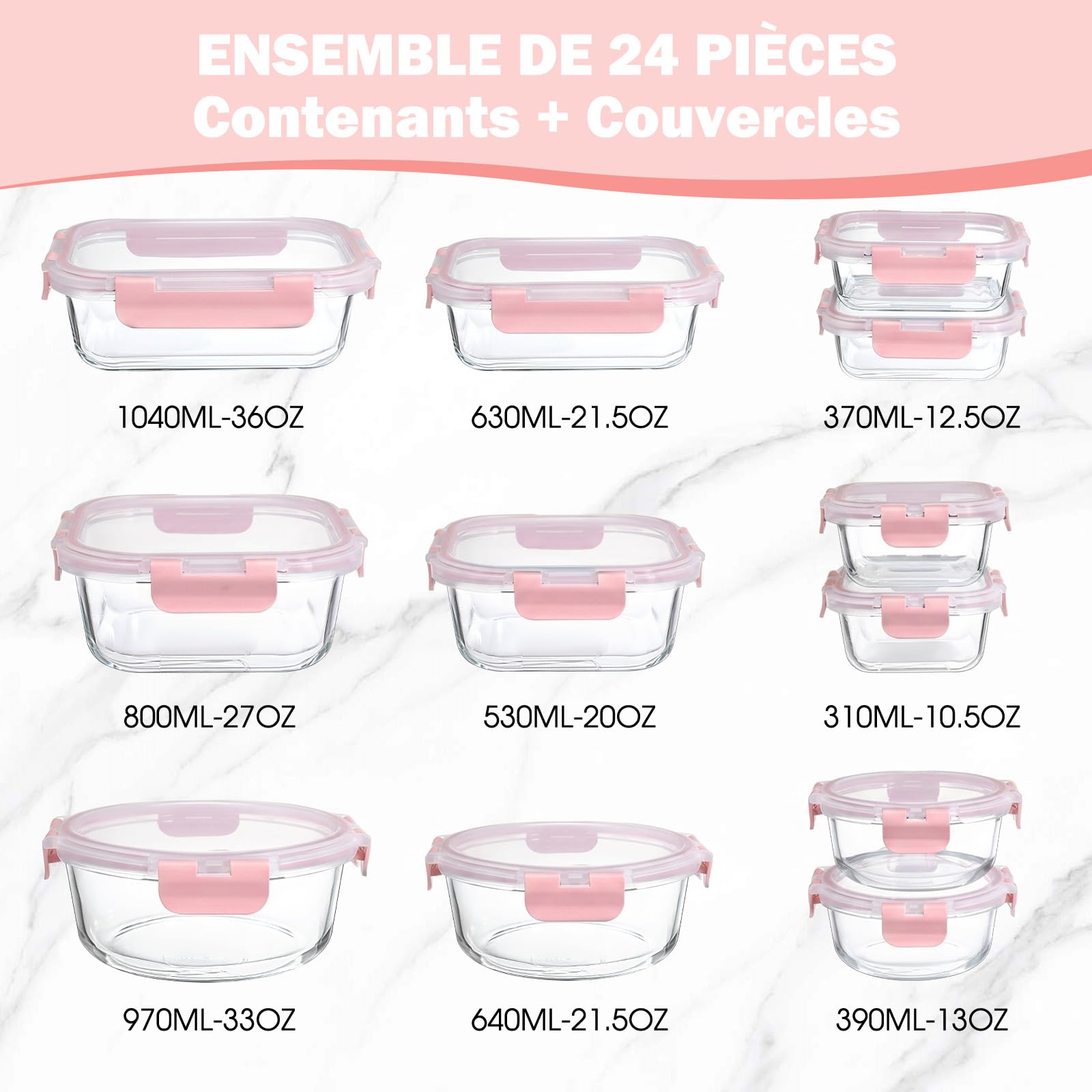 YASHE Set of 12 Reusable Glass Lunch Boxes with Airtight Lids - BPA Free, Microwave, Oven, Dishwasher, Freezer, Pink