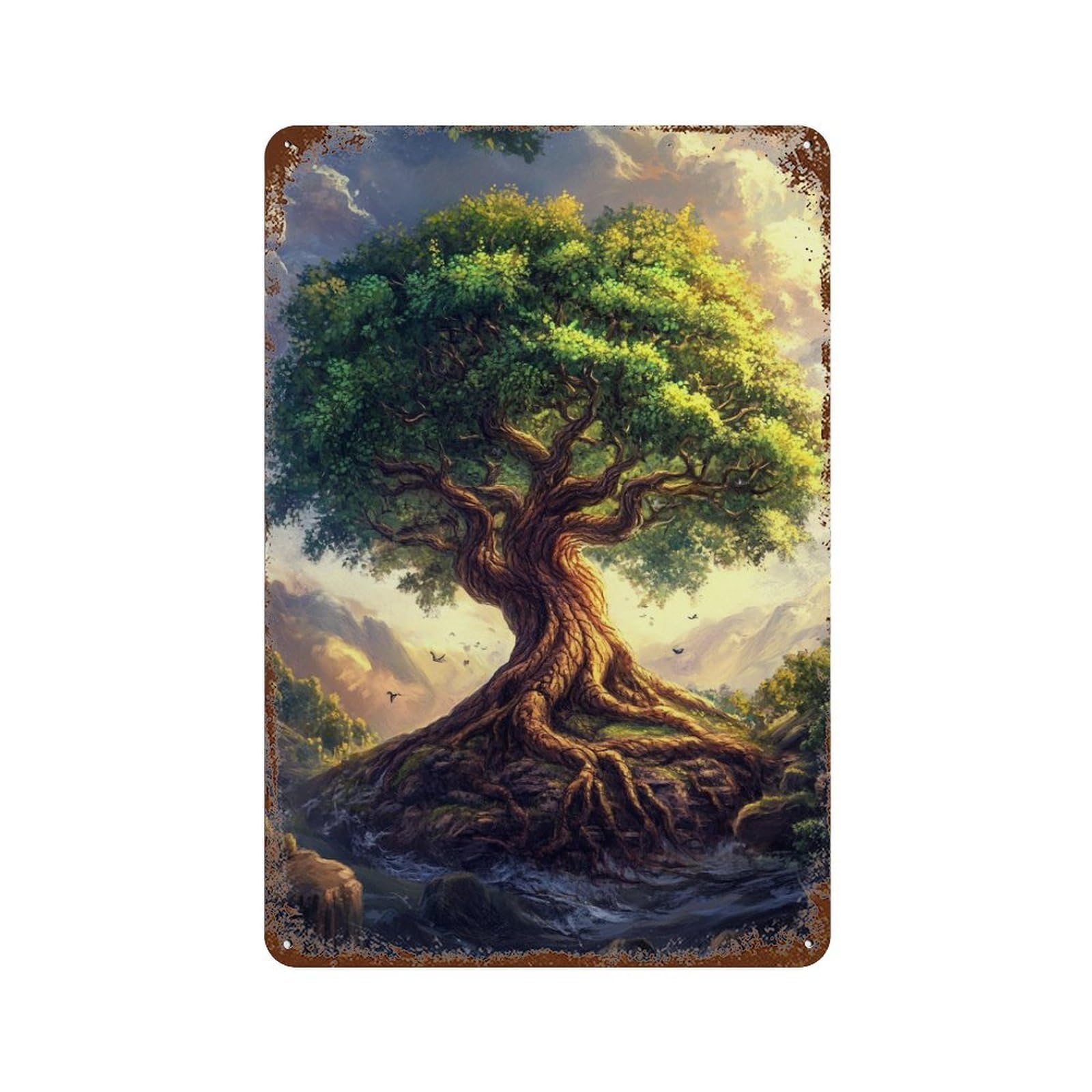 Rusty Metal Tin Sign with Enchanted Forest Tree Design 11.8"x7.9", for Farmhouse, Kitchen And Entryway Decor, Classic Wall Plaque