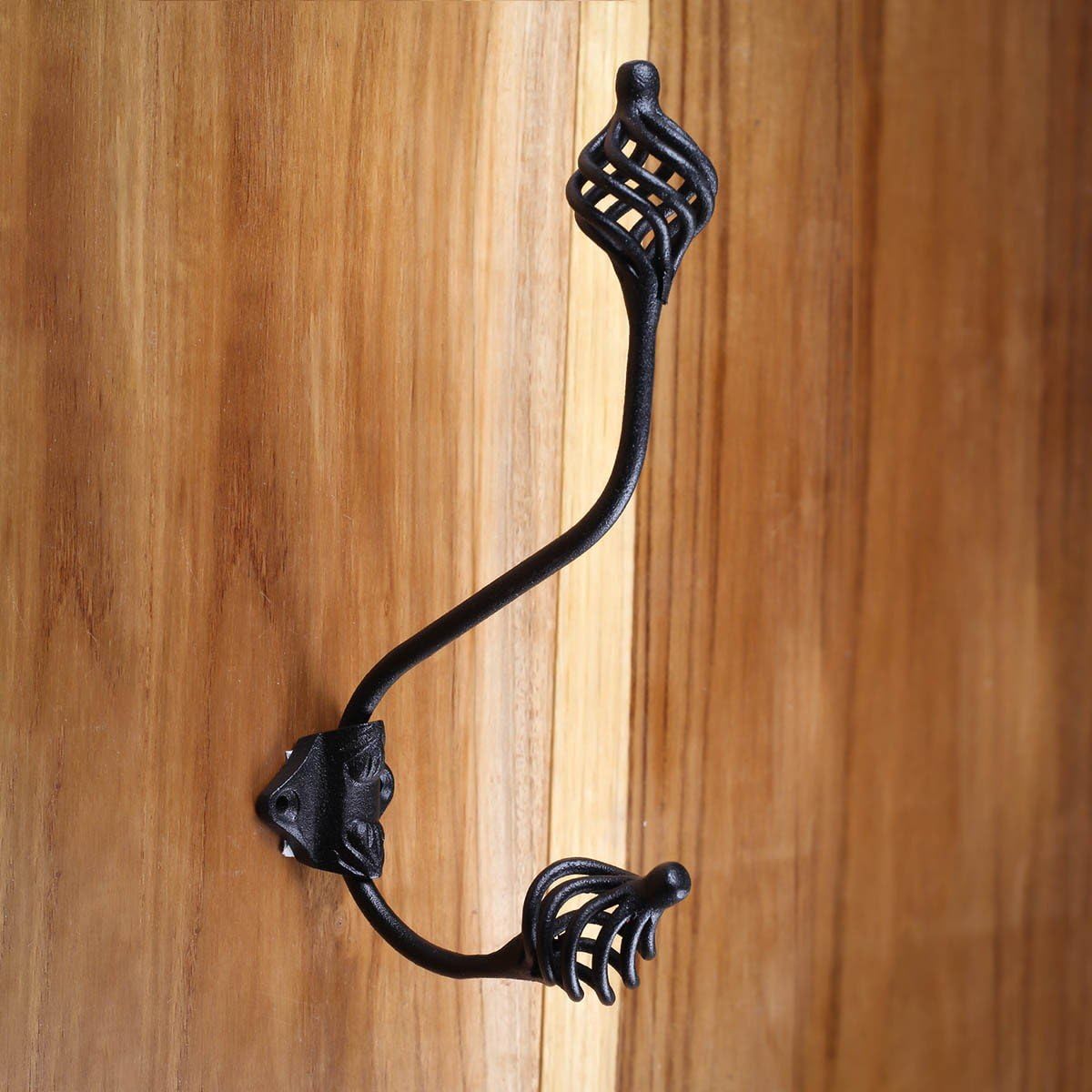 Renovators Supply Manufacturing Birdcage Double Wall Hook, Wrought Iron Black Powder Coat, Coat Hat Hanger, 7.73 in H x 2 in W x 4 in Proj