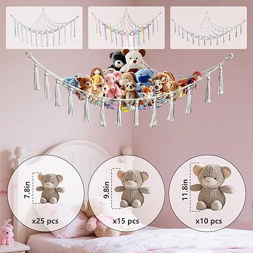 Miniatura 6 de Hamaca esquinera de animales de peluche con ganchos, cama colgante de tela suave para juguetes de peluche, organizador de almacenamiento de