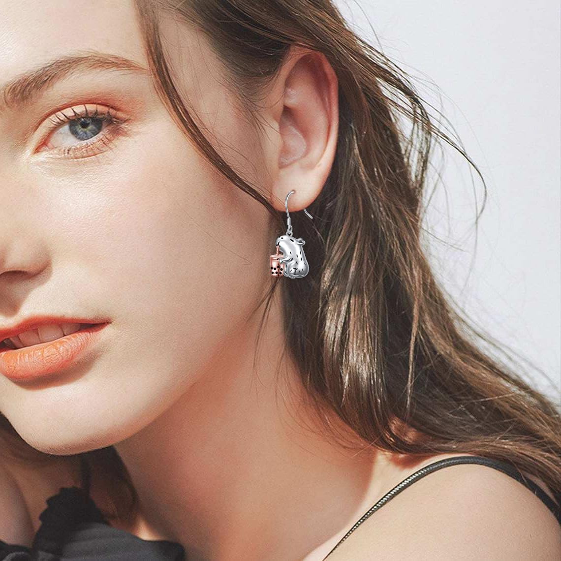 Yearace Capybara Jewelry Set 925 Sterling Silver Cute Bubble Tea Capybara Dangle Earrings and Necklace Hypoallergenic Animal Jewelry Gifts for Women