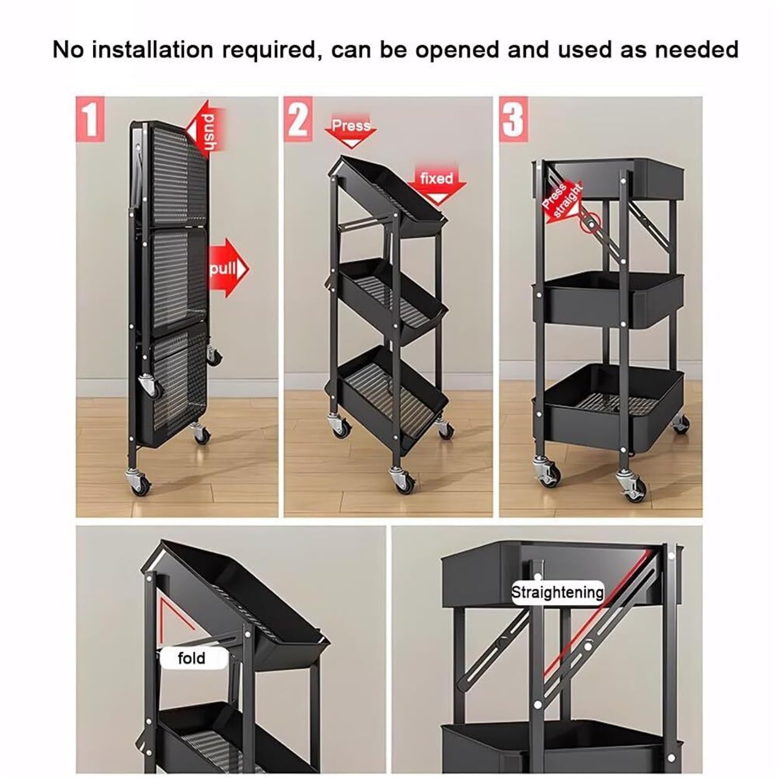 Carrito plegable de metal, estante de almacenamiento multifuncional de 3 niveles para cocina, oficina, baño, sala de manualidades, organizador de frutas y verduras, fácil movilidad
