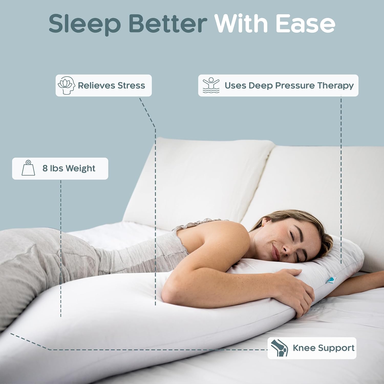 sleepcloud weighted body pillow 8lbs - weighted pillow for deeper sleep (48” x 14”) - cooling body pillows for adults, full body pillow for adults, side sleeper body pillows with cover (x-large/white) white x-large 48" x 14" (8lbs)