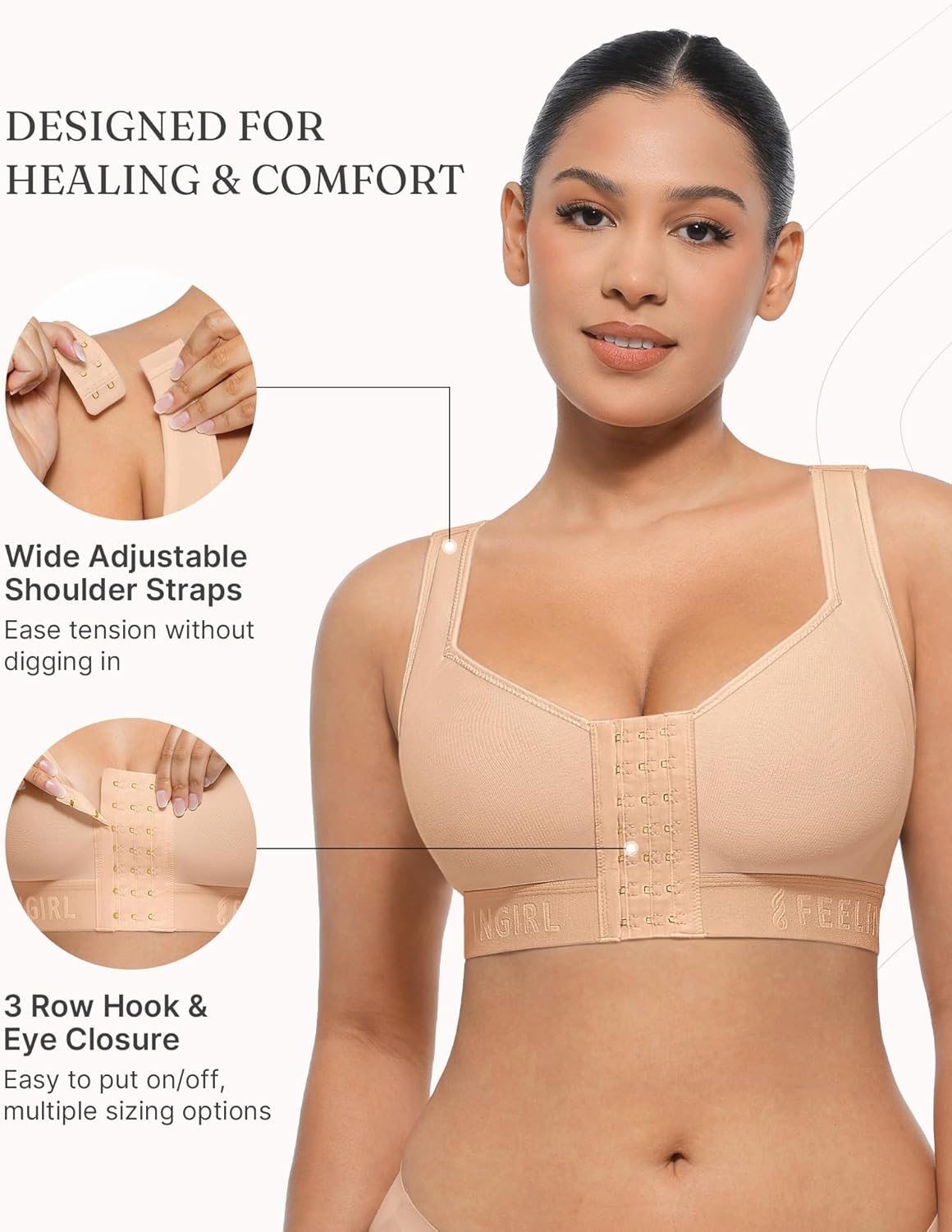 FeelinGirl Post Surgery Bra Front Closure Compression Mastectomy Bra for Women with Wide Adjustable Straps Wirefree Support - Image 3
