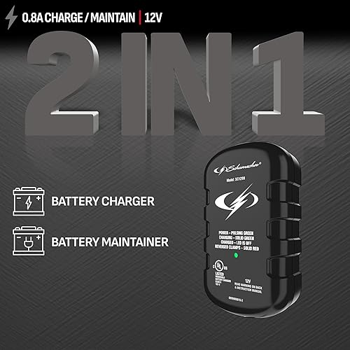 Miniatura 2 de Schumacher Electric Cargador y mantenedor de batería de coche de 0.8A, solución 2 en 1, para baterías de 12V Power Sport, automotriz y marina, SC1299