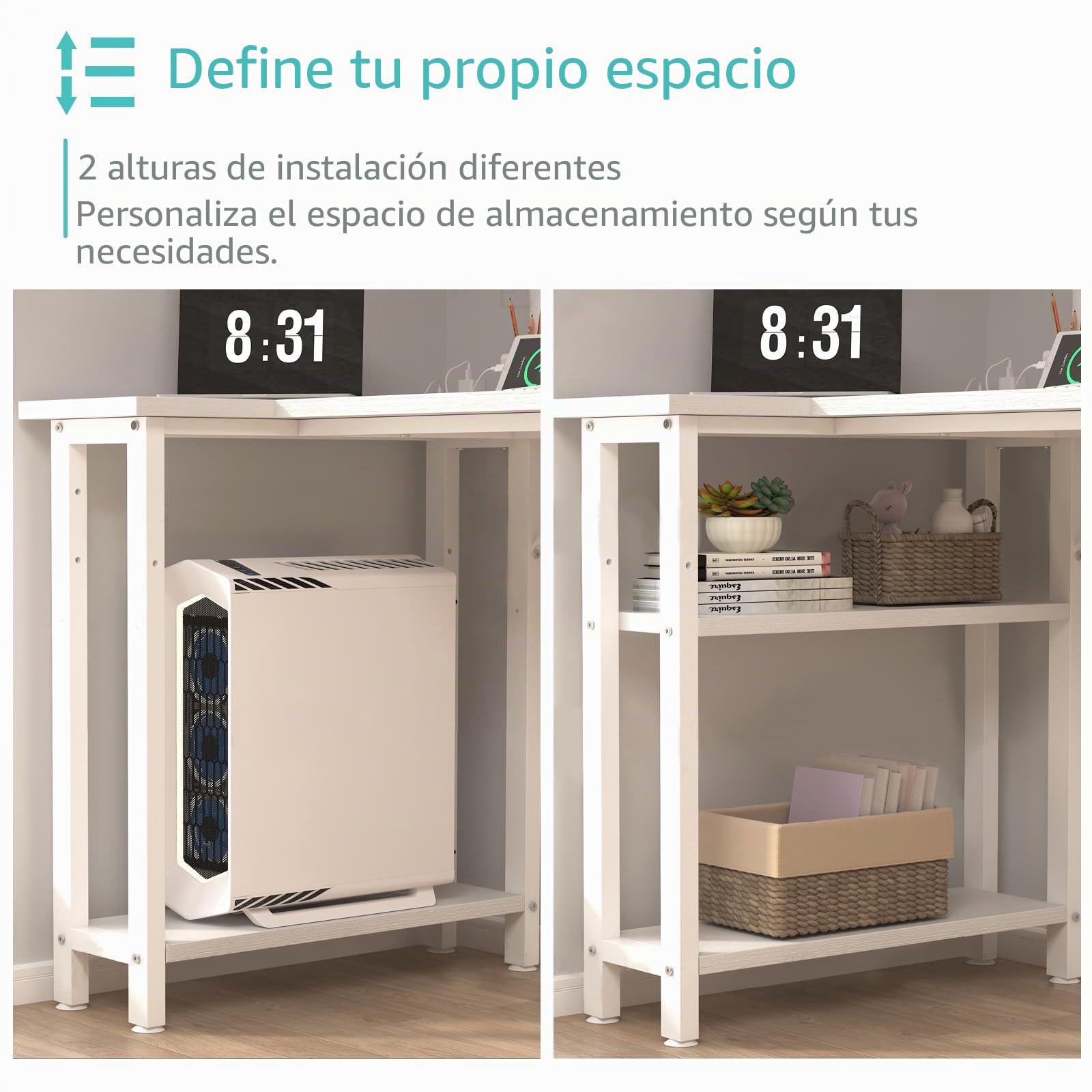 Lufeiya Mesa Escritorio Blanco con Cajones y Enchufes,Escritorio Esquinero con 4 Cajones 120CM Escritorio en l L para Oficina Juveniles Estudio（Enchufes Europea