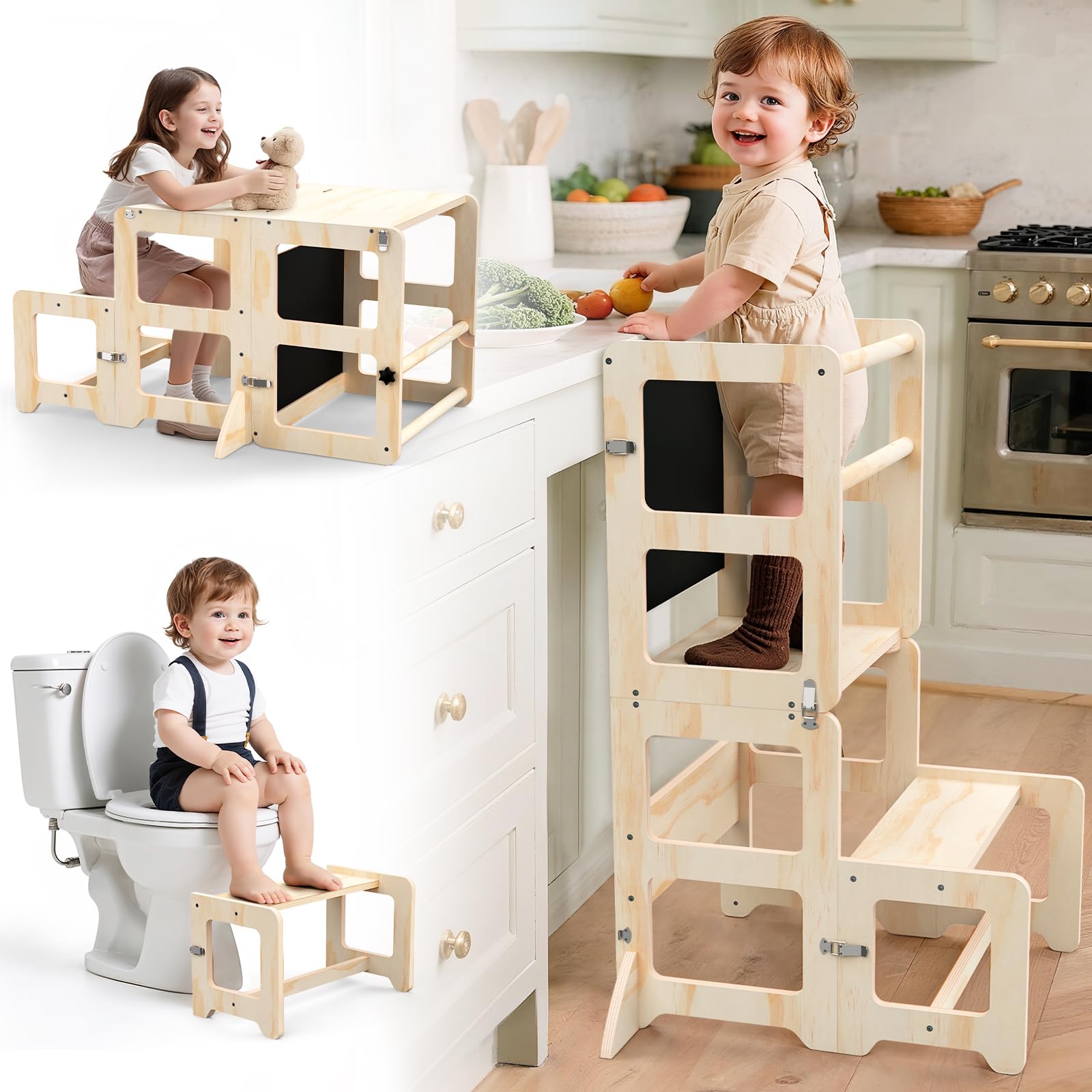 Toddler Kitchen Step Stool 4-in-1 Foldable Standing Tower with Blackboard Toddler Step Stool for Bathroom Sink Kitchen Counter