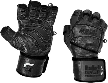 Elite Leather Gym Gloves with Built in 2 Wide Wrist Wraps Grip & Design for Weightlifting Power Lifting Bodybuilding & Strength Training Workout Exercises