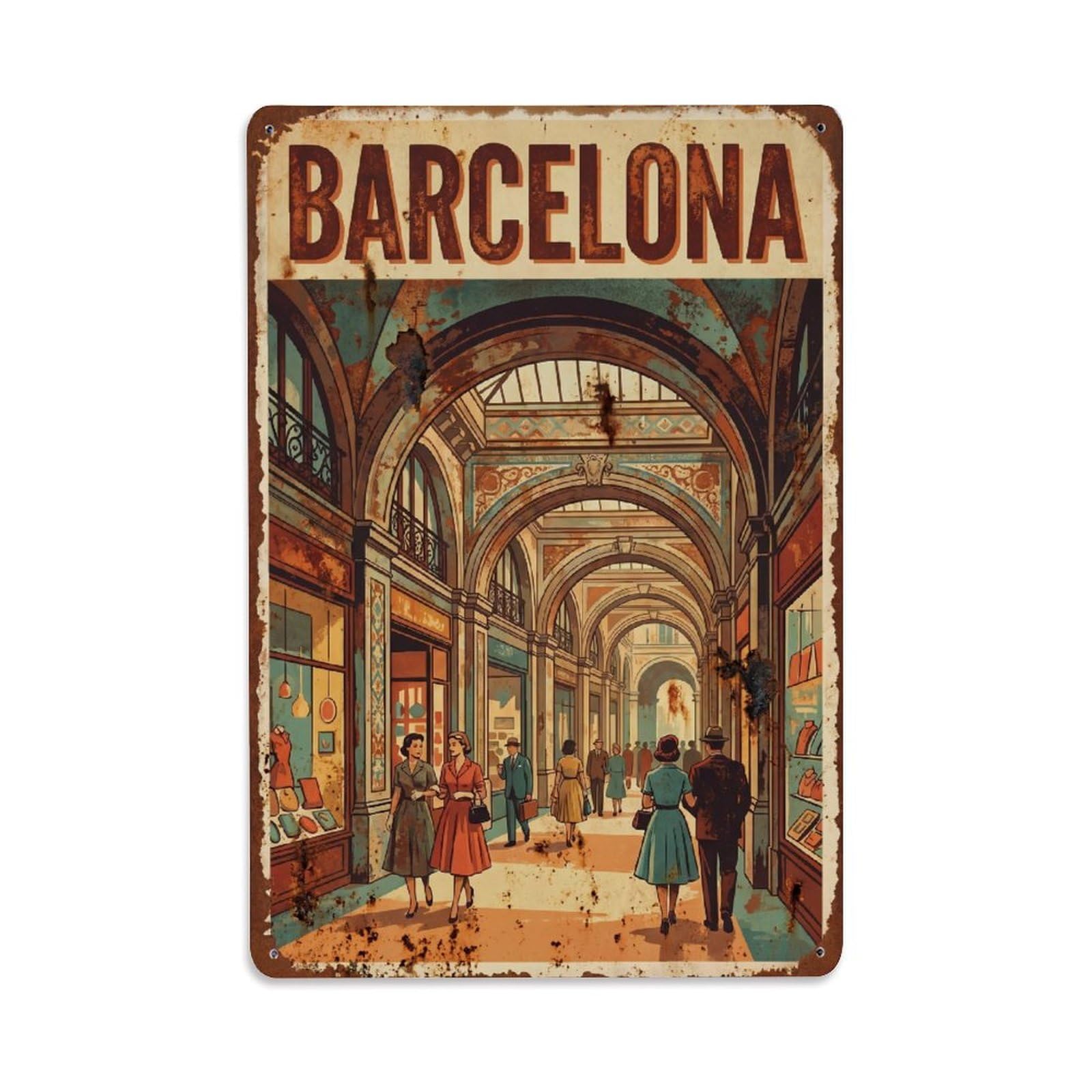 Vintage Travel Arcades Spain Covered Metal Tin Sign