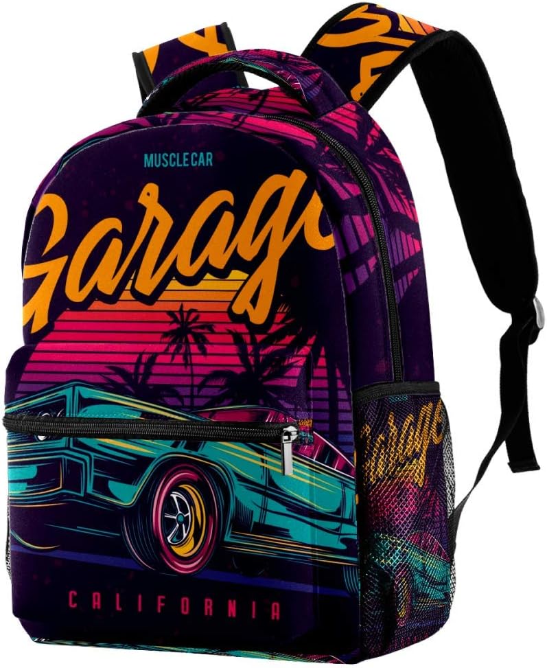 LORVIES American Muscle Car in Retro Neon Style Painting Lightweight School Classic Backpack Travel Rucksack for Girls Women Kids Teens
