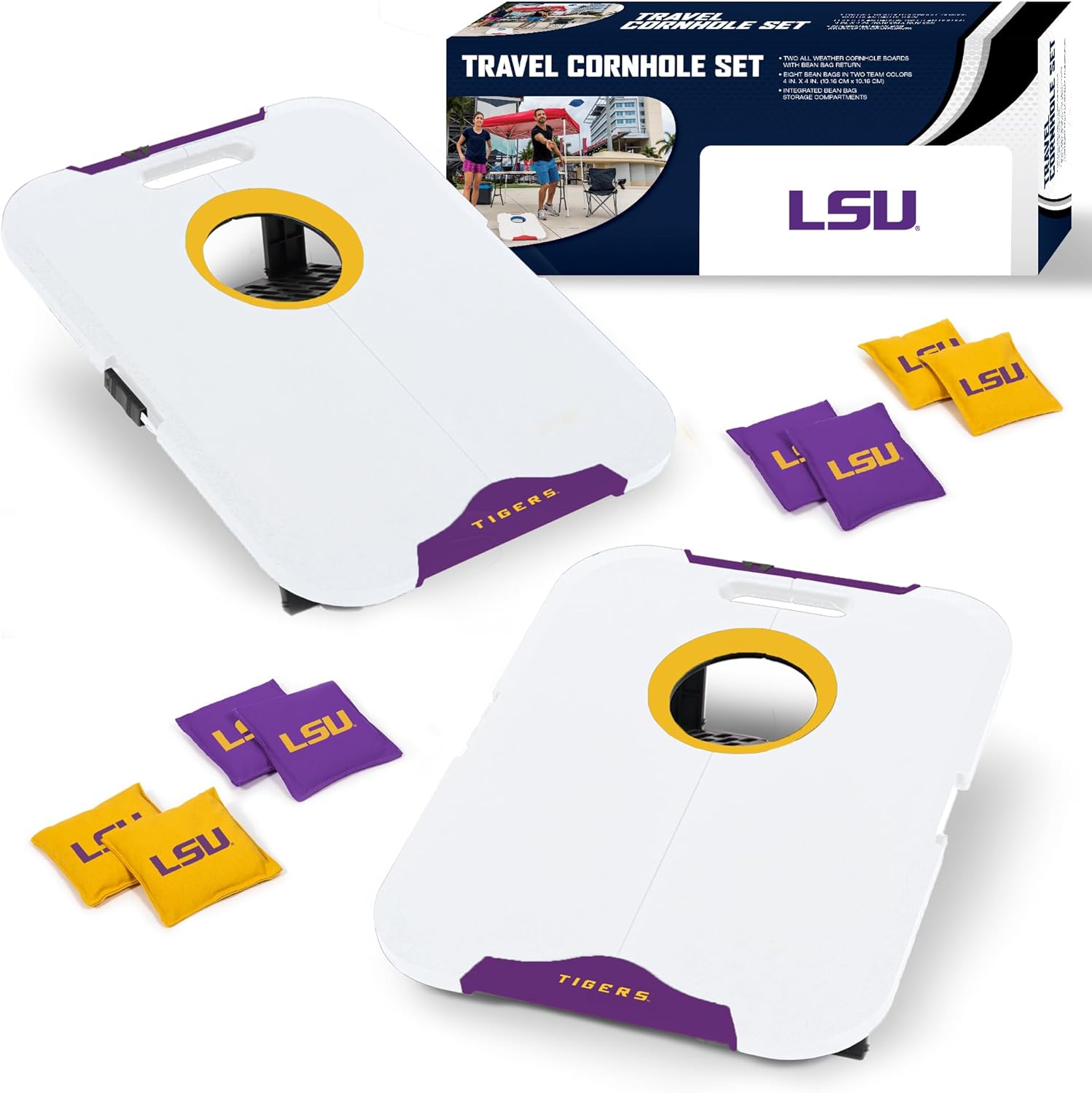 Wild Sports NCAA LSU Tigers Pro Football All-Weather Cornhole Set - Travel Bean Bag Toss Set Includes 8 Bean Bags