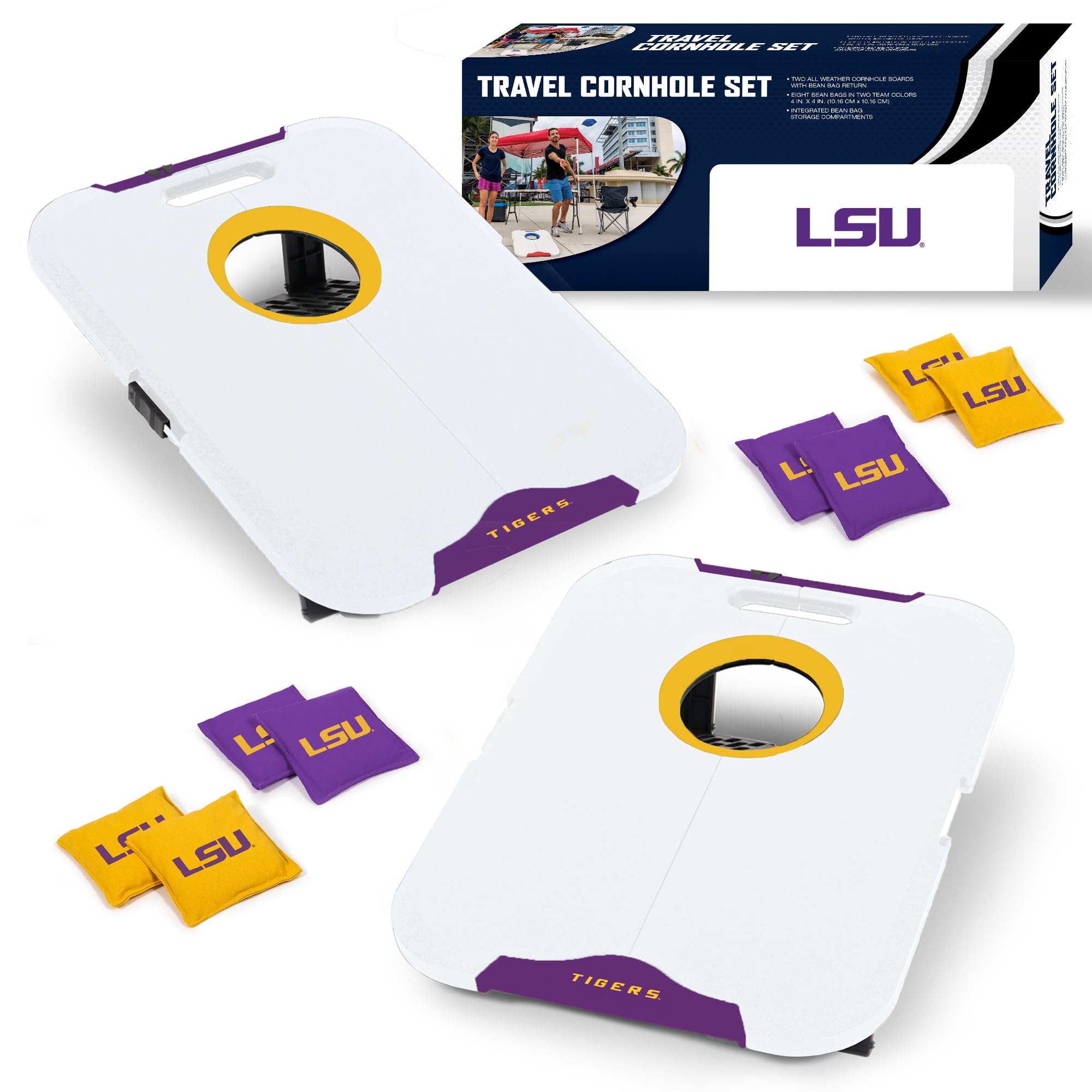 Wild Sports NCAA LSU Tigers Pro Football All-Weather Cornhole Set - Travel Bean Bag Toss Set Includes 8 Bean Bags