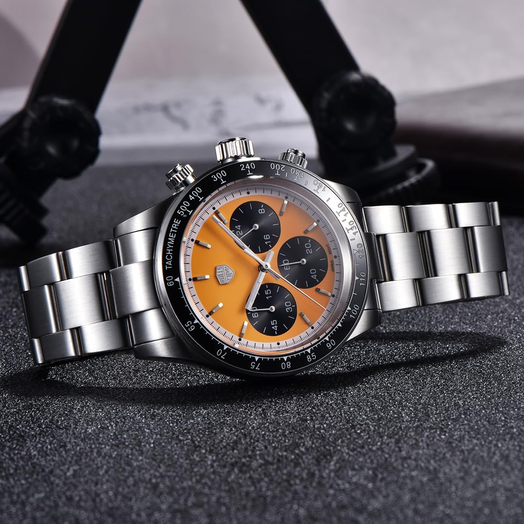 RollsTimi Pagani Design 7931 - Orologio al quarzo da uomo VK63, quadrante panda cronografo, orologio da polso in acciaio inox, 100 m, impermeabile, alla moda, con vite inferiore, corona