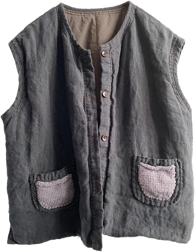 NFYM Women's Linen Vest Thin Quilted Mid Length Button Down Sleeveless Jacket with Hand Woven Pockets