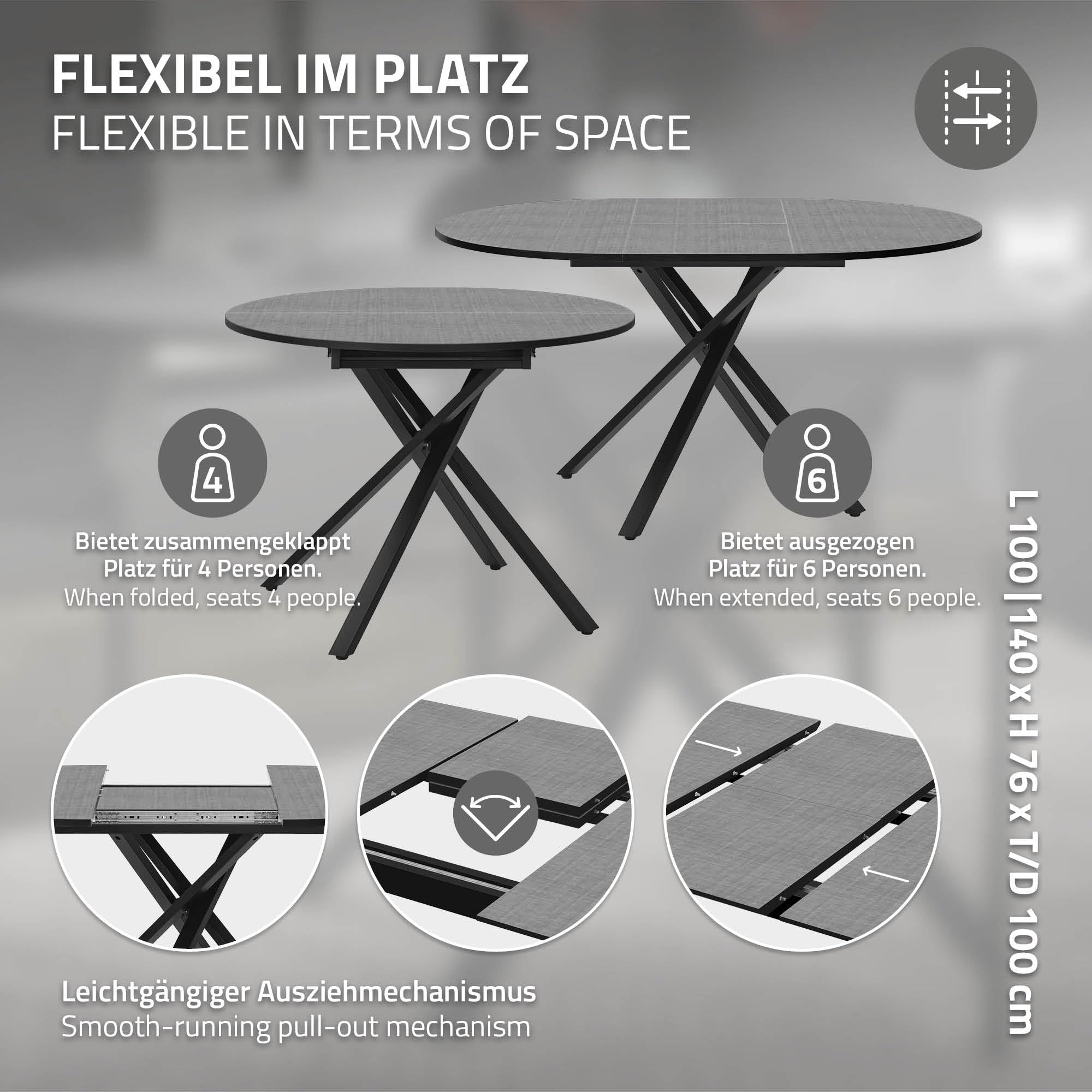 ML-Design Table de Salle à Manger Ronde Extensible pour 4-6 Personnes, Table de Cuisine avec Rallonge en MDF, en Gris Chiné, 100-140 x 76 x 100 cm, Pieds en Acier Forme-X, Meuble Moderne pour Salon