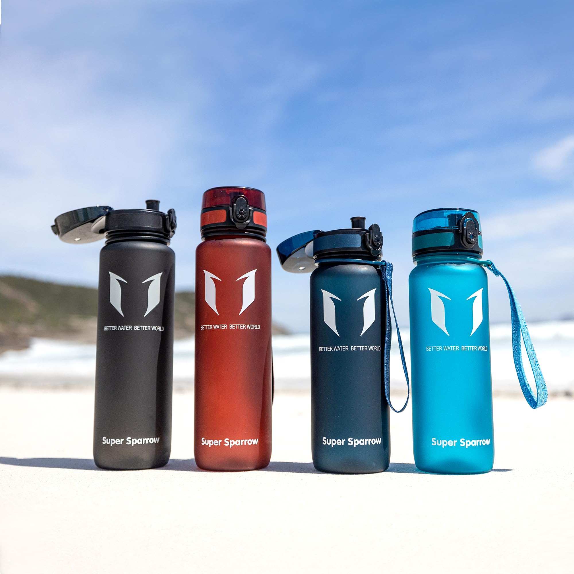Super Sparrow Sports Water Bottle - 350ml & 500ml & 750ml & 1000ml - Non-Toxic BPA Free & Eco-Friendly Tritan Co-Polyester Plastic - For Running, Gym, Yoga, Outdoors and Camping