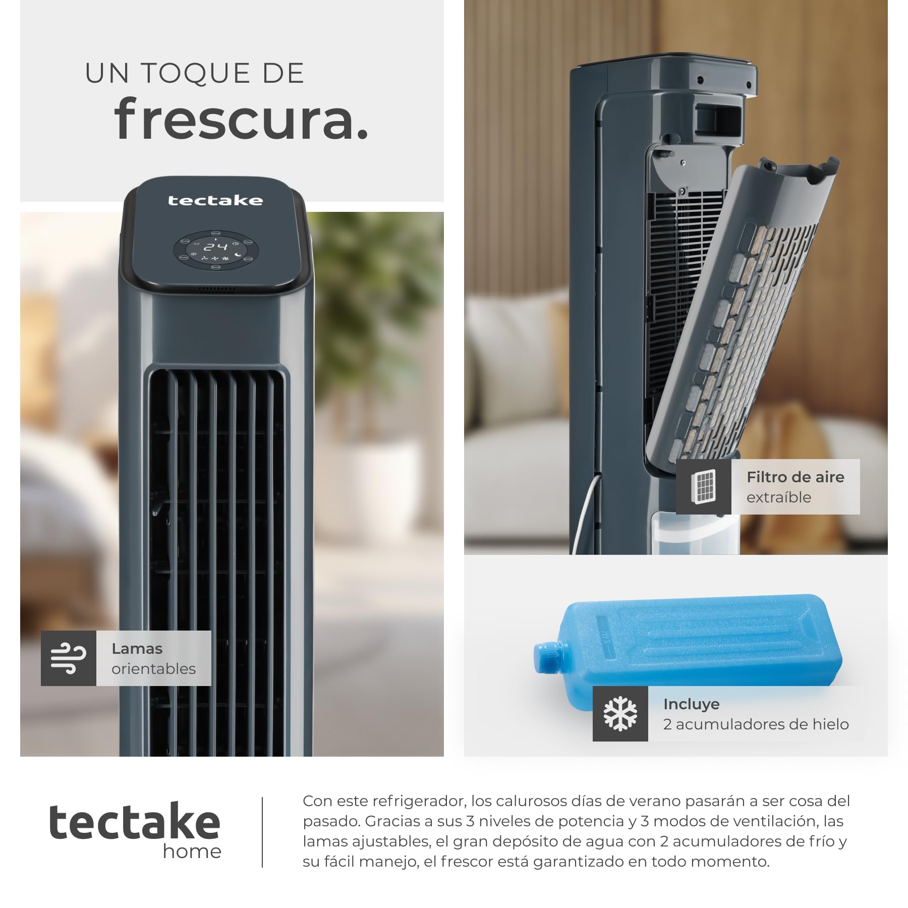 tectake® Ventilador de Pie 4 en 1, Aire Acondicionado Portatil con Oscilación, Climatizador Portatil con Depósito 5L, Ventilador Silencioso con Temporizador 12h y 3 Modos y Velocidades - Antracita