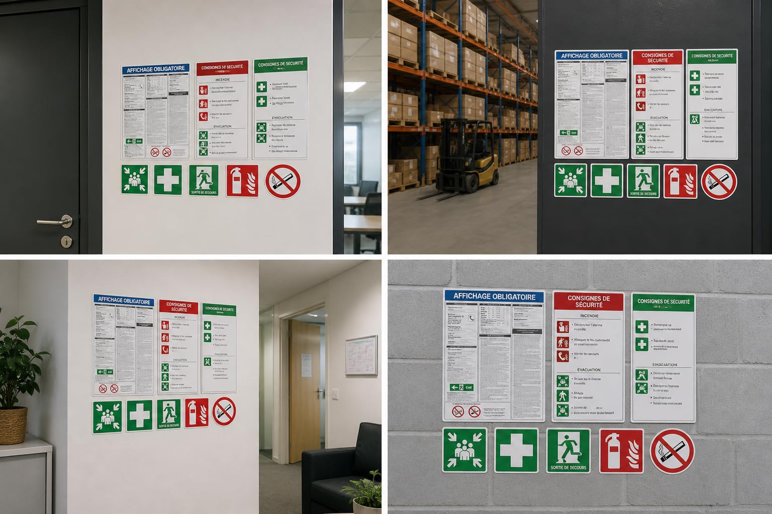Lot 3 Pack Affichage Obligatoire Entreprise A3 + Consignes de Sécurité + Pictogrammes Sécurité 20x20 + Sortie de Secours 30x10 – Conforme Code du Travail – Vinyle Résistant