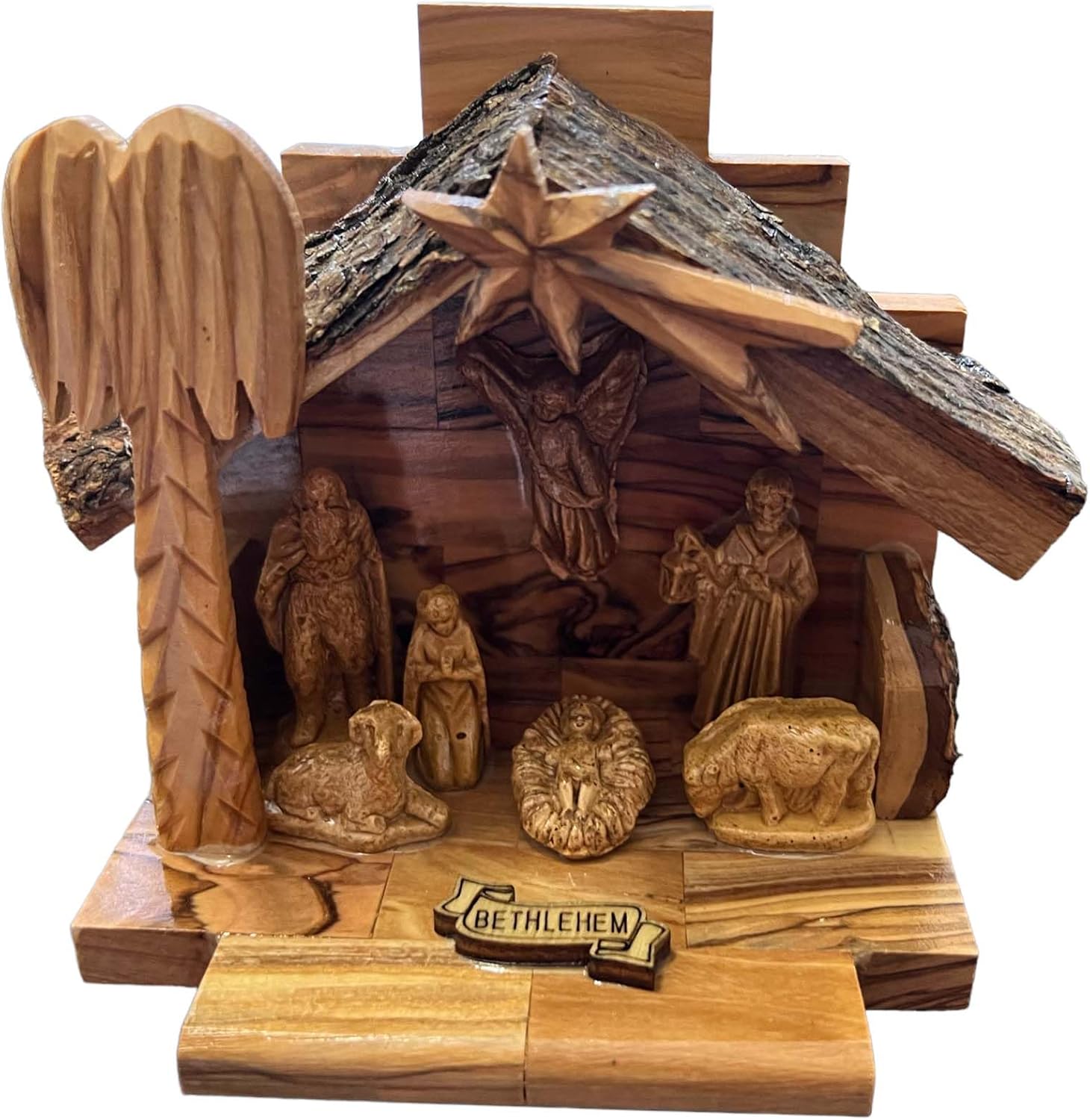 Carved from Bethlehem Olive Wood Christmas Nativity Story Set with Stable (Alabaster Set)