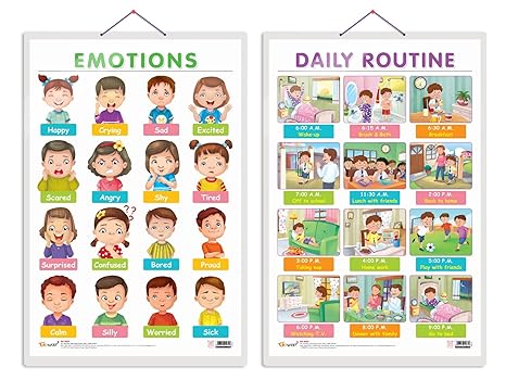 Set of 2 EMOTIONS and DAILY ROUTINE Early Learning Educational Charts for Kids | 20"X30" inch |Non-Tearable and Waterproof | Double Sided Laminated | Perfect for Homeschooling, Kindergarten and Nursery Students