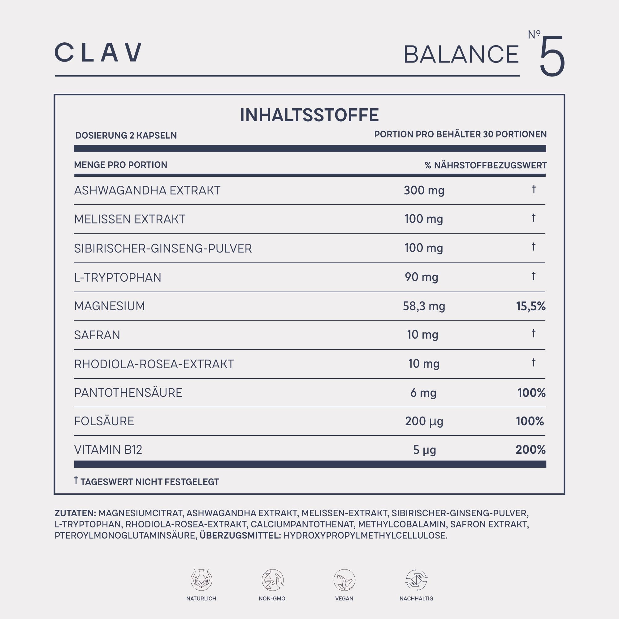 CLAV® N°5 BALANCE – 60 Kapseln - Serotonin & Dopamin Kapseln mit Ashwagandha, Rhodiola & Safran – Magnesium, Vitamin B12, B5 & B9 – Für innere Balance & Nerven – Vegan