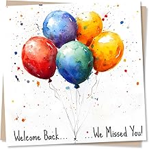 Cute Balloons Welcome Back Card For Colleague, Family or Friend - Welcome Back. We Missed You - Multicolour Balloons Card From Recovery In Hospital, Return From Maternity Leave, Gap Year