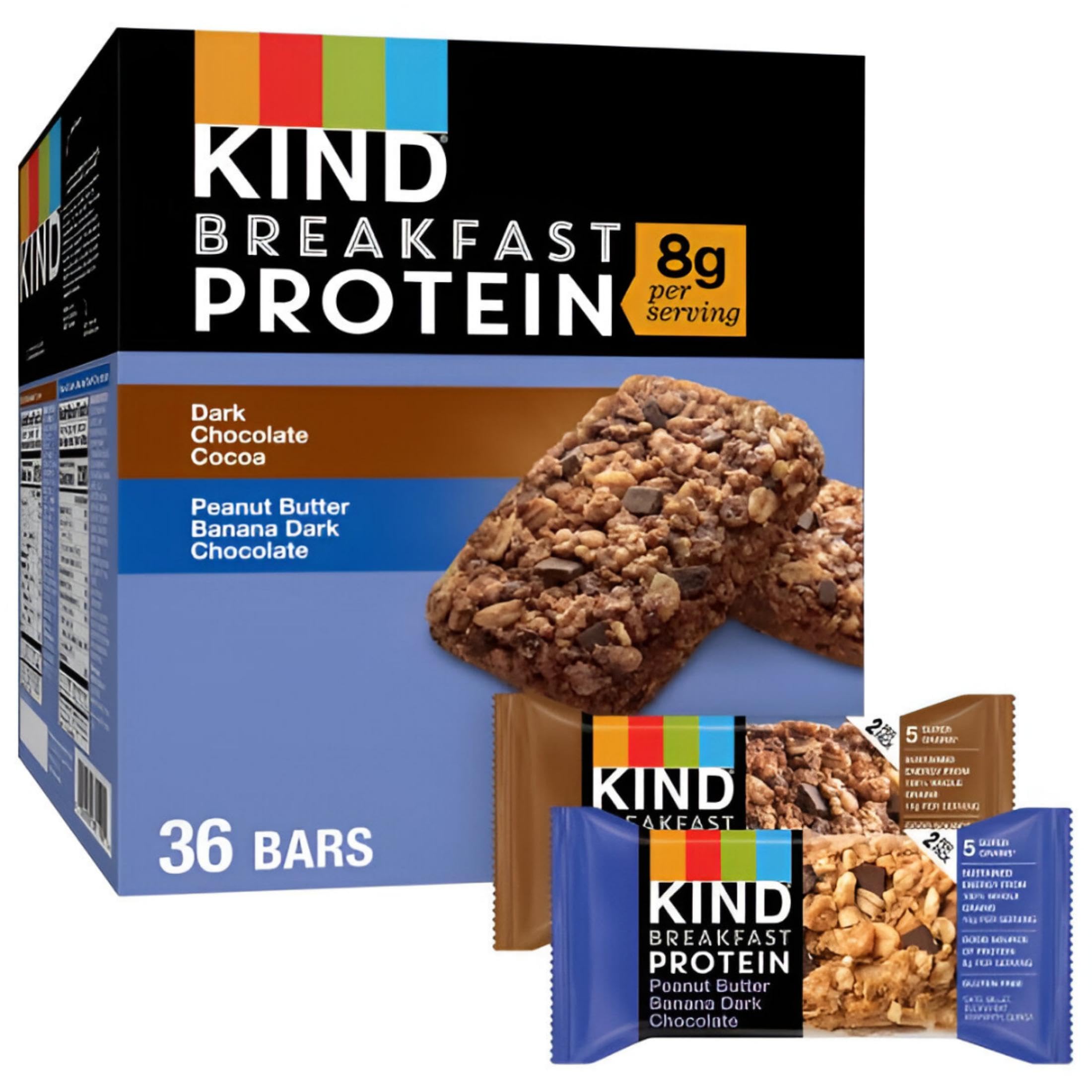 KIND Breakfast Protein Variety Pack, 8g Protein, Gluten Free, Dark Chocolate Cocoa & Peanut Butter Dark Chocolate Banana, 18 Count