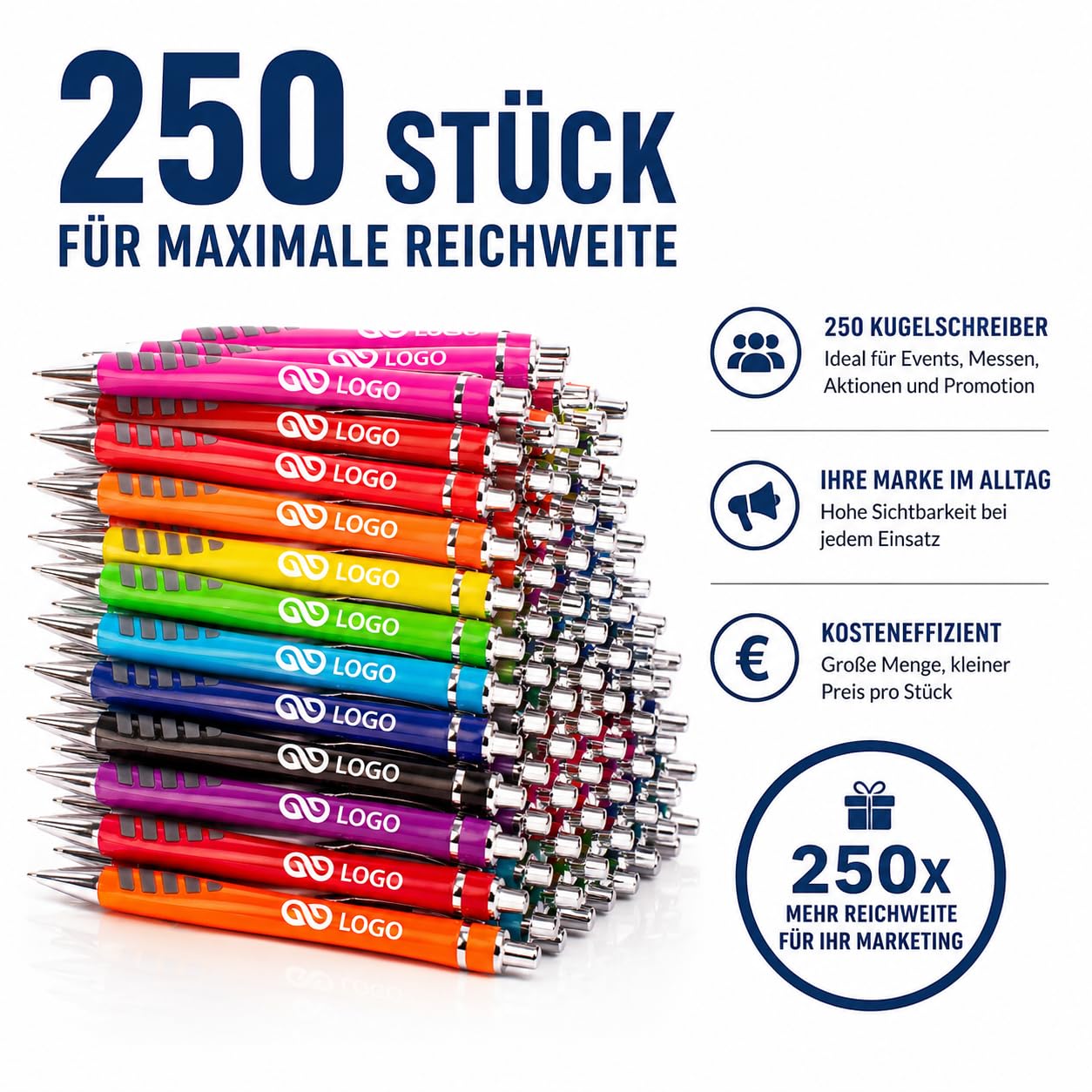 WPRO Personalisierte Kugelschreiber 250 Stück mit Logo Kunststoff blau schreibend; Werbekugelschreiber bedruckt für Messe Events Promotion Streuartikel Javi
