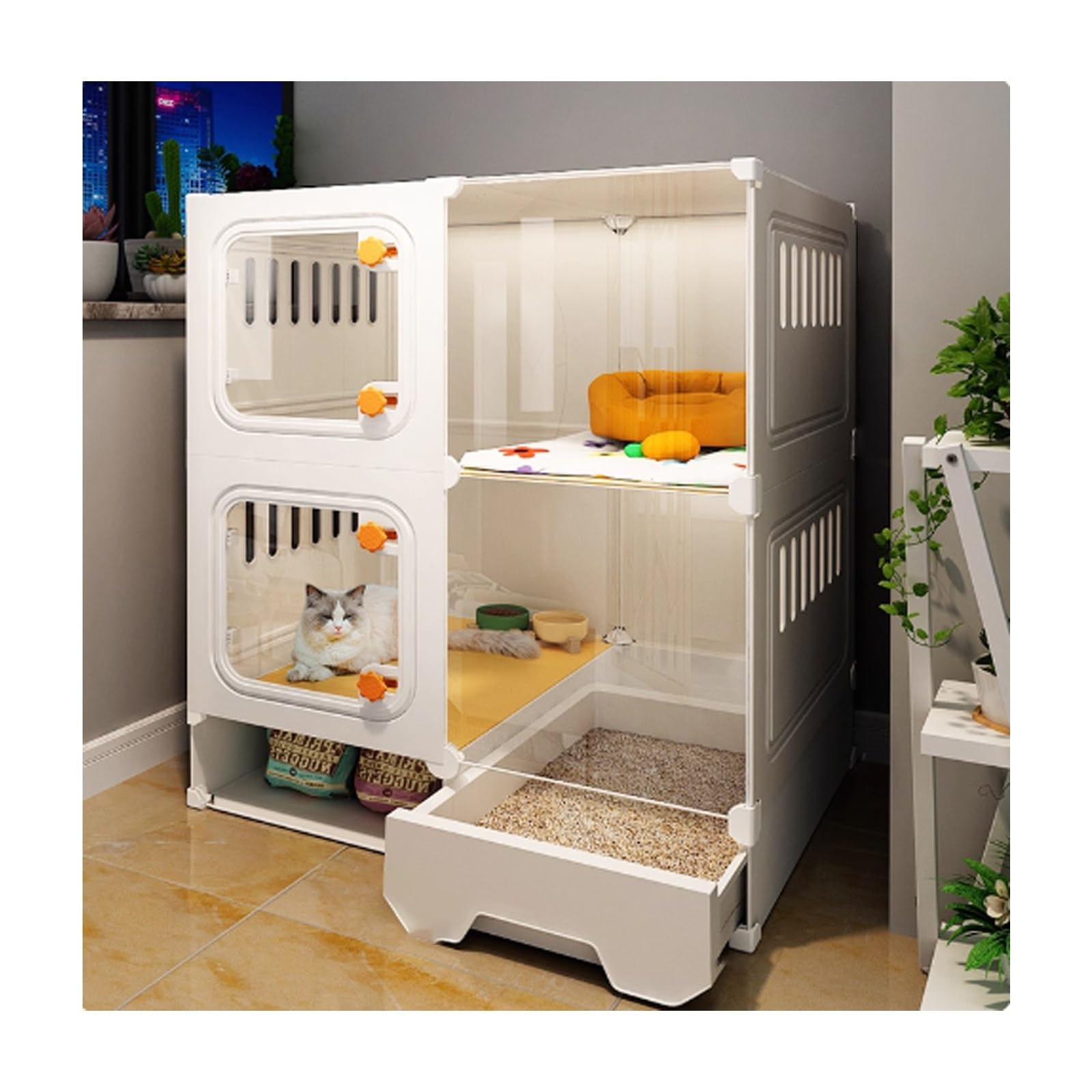 Indoor Cat Cage with Litter Box, Large Pet House Featuring Transparent Windows and Knob Locks for Secure Luxury Enclosure, Includes Open Storage