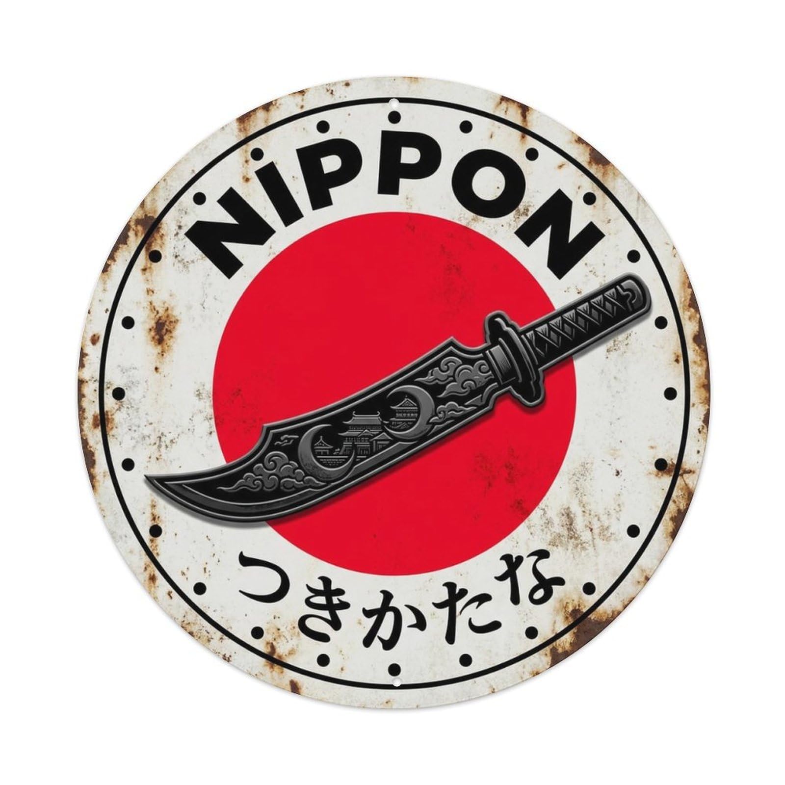 Moon Blade Nippon Lunar Symbol Weathered Heritage Token Metal Tin Sign Plaque Wall Decor for Cafe, Man Cave, Club Bar, Office, Home Garden Round Metal Poster 8x8Inch