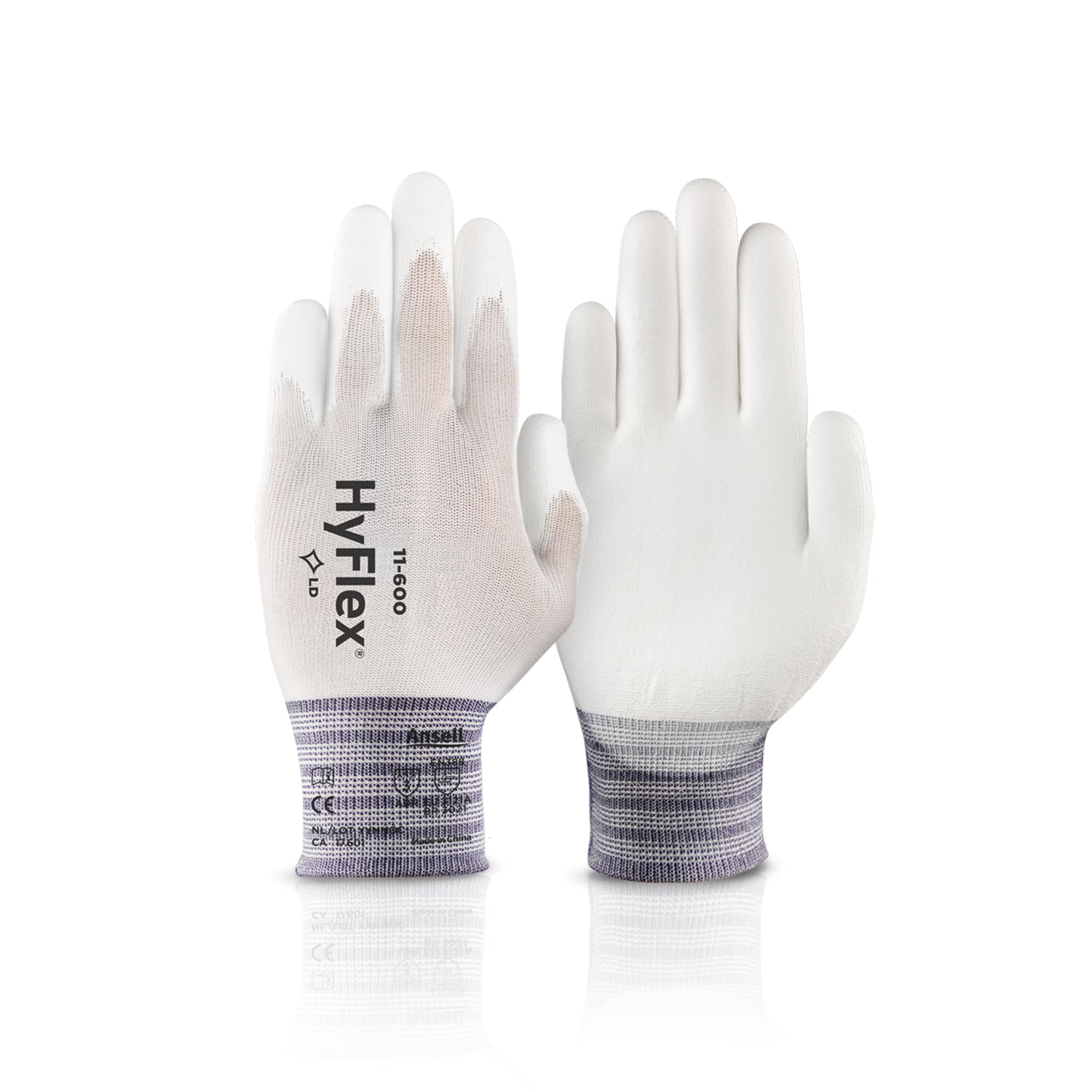 HYFLEX 11-600 Light Duty Nylon Industrial Gloves w/Palm Coating for Metal Fabrication, Automotive - XL (10), White (1 Pair)