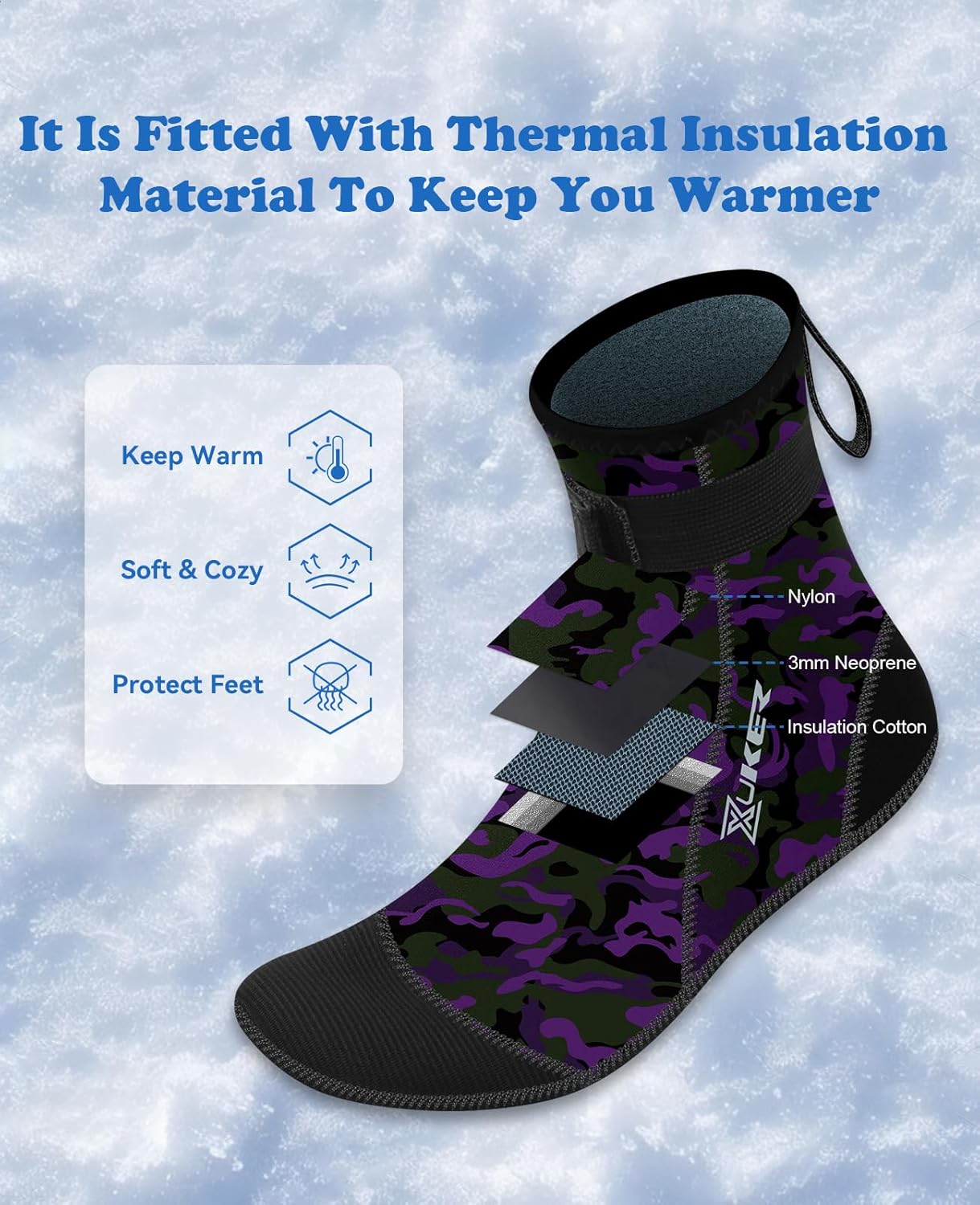 XUKER Neoprene Water Socks, Winter Fleece-Lined Warm Wetsuit Winter Socks for Scuba Diving Snorkeling Surfing - Image 2