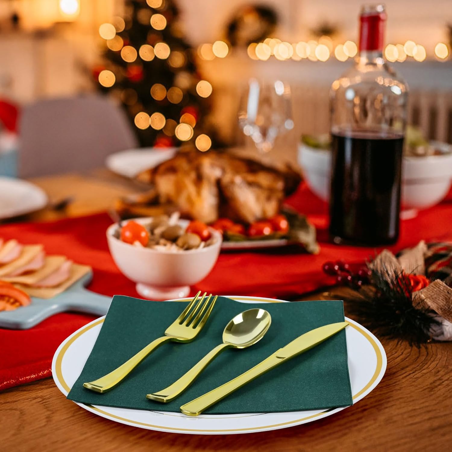 Pre Rolled Gold Plastic Silverware with Green Napkins, 100Pac Rolled Cutlery with Green Dinner Napkin, Heavy Duty Gold Plastic Silverware, Disposable Cutlery with Christmas Napkins