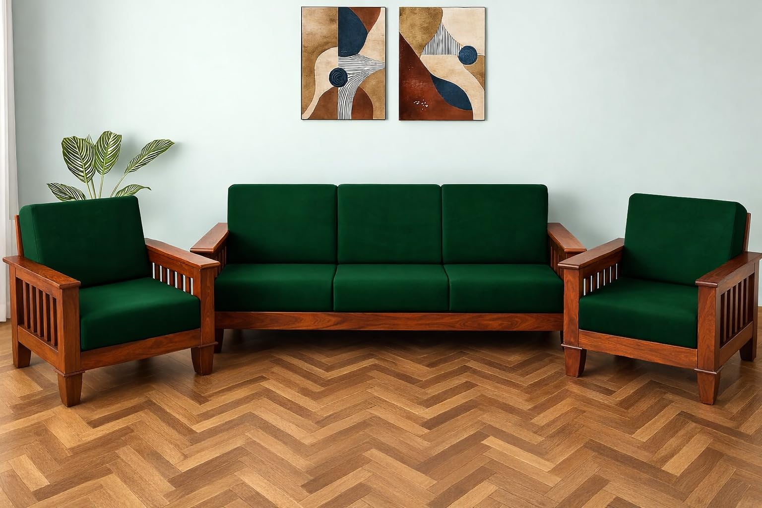 Hare Krishna Green (Pack of 10) 200 GSM Fabric Wooden Sofa Seat Cover Elastic Stretchable Cushion Seat Slip Cover Protector for Wooden Sofa Set 5 Seater Antislip Full Covers for Living Room-image-33