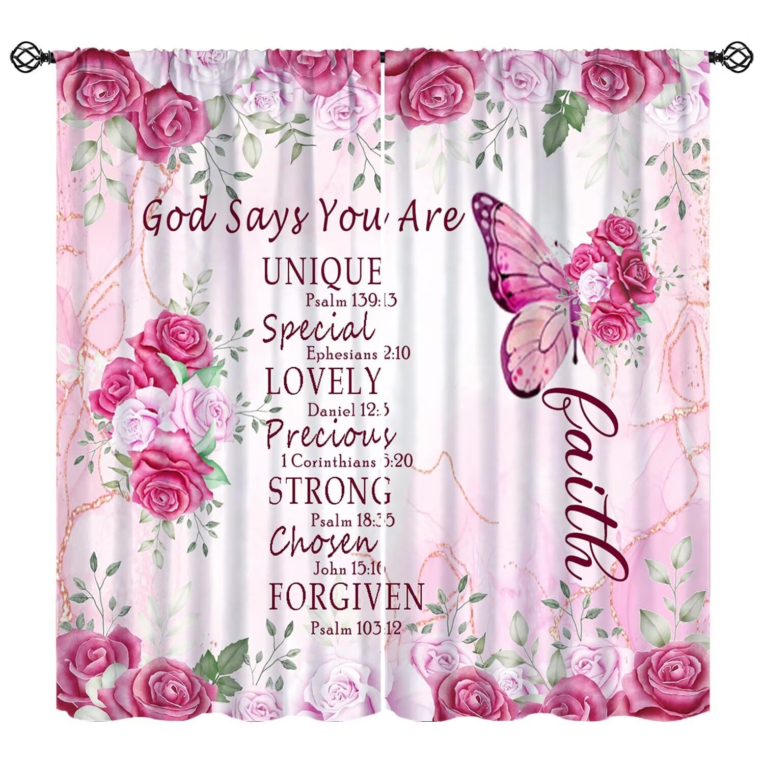 Moderw Pink Floral Bible Verse Quotes Curtain, Vintage Christian Scripture Window Treatments Butterfly Rose Flower Blackout Drapes for Women Bedroom Living Room Kitchen W42xL45in