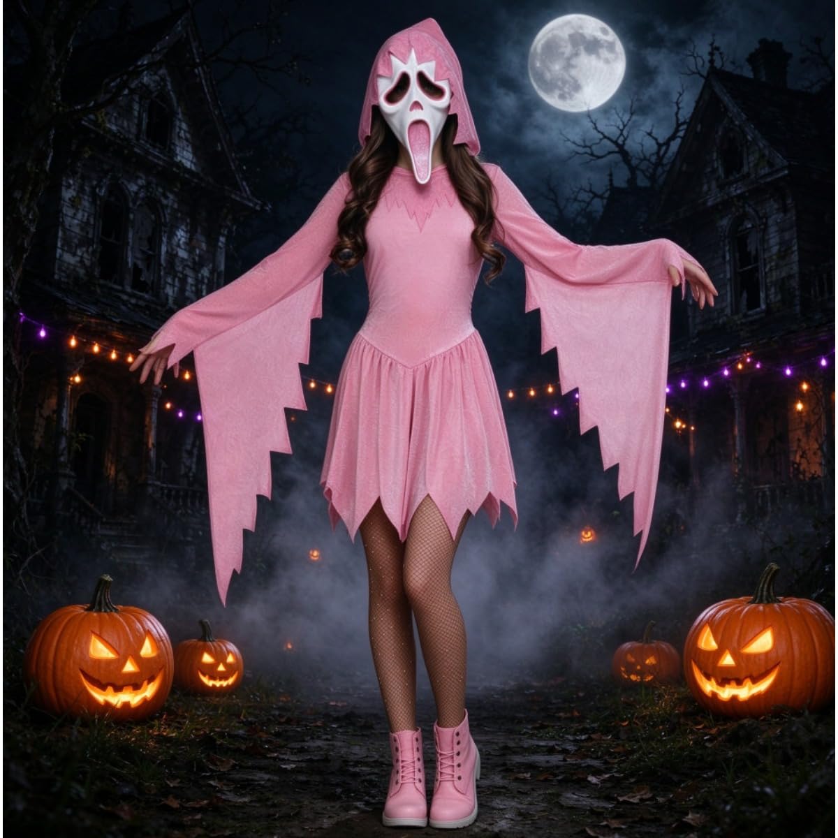 HVFGXY Adult Ghost Face Pink Cosplay Costume Wicked Halloween Fancy Dress Includes Dress and Mask (Adult XL (180cm))