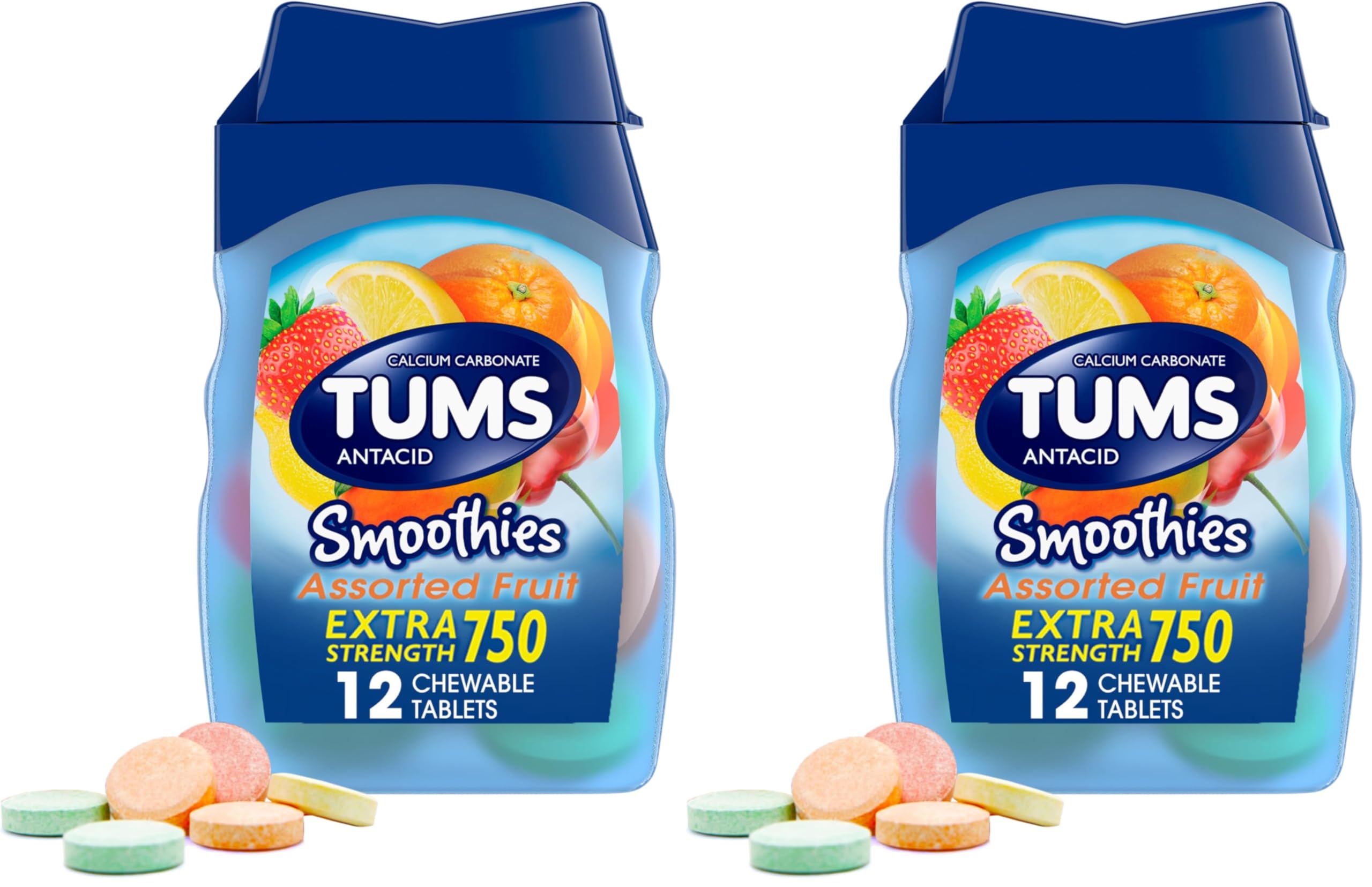 Smoothies Extra Strength Antacid Chewable Tablets for Heartburn Relief, Assorted Fruit - 12 Count (Pack of 2)